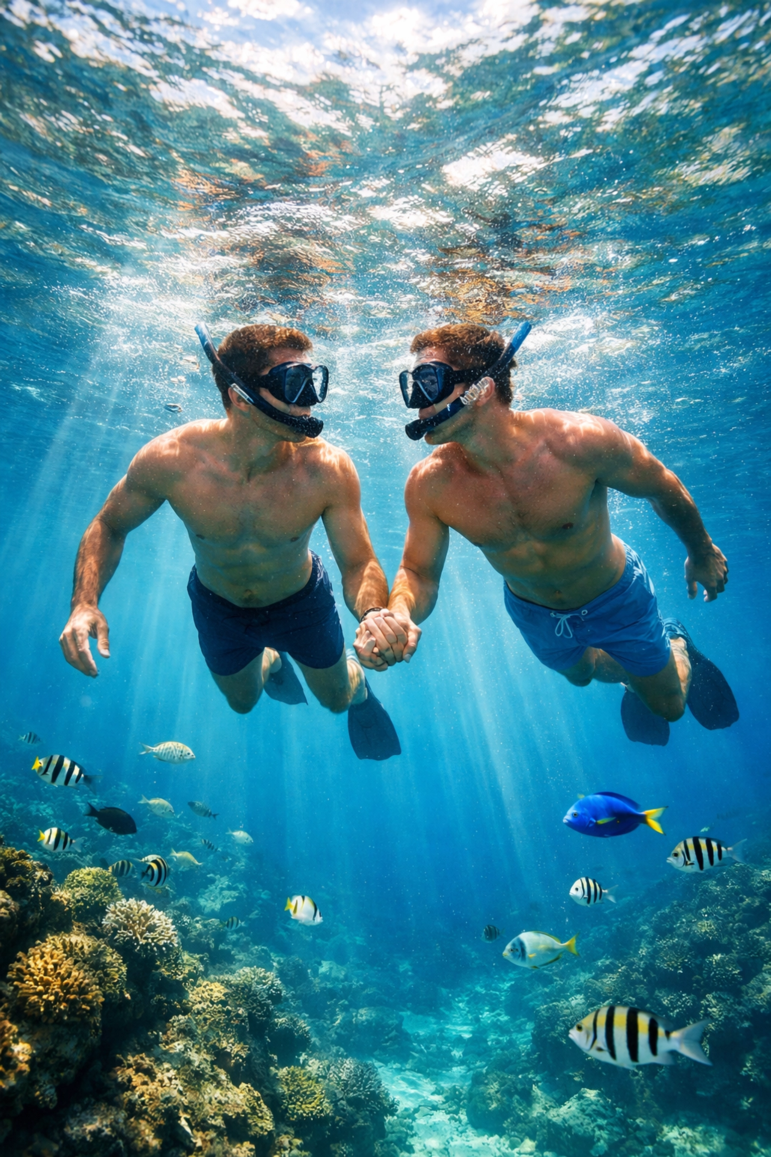 Two men snorkeling hand-in-hand in crystal waters off Nusa Lembongan Bali with tropical fish