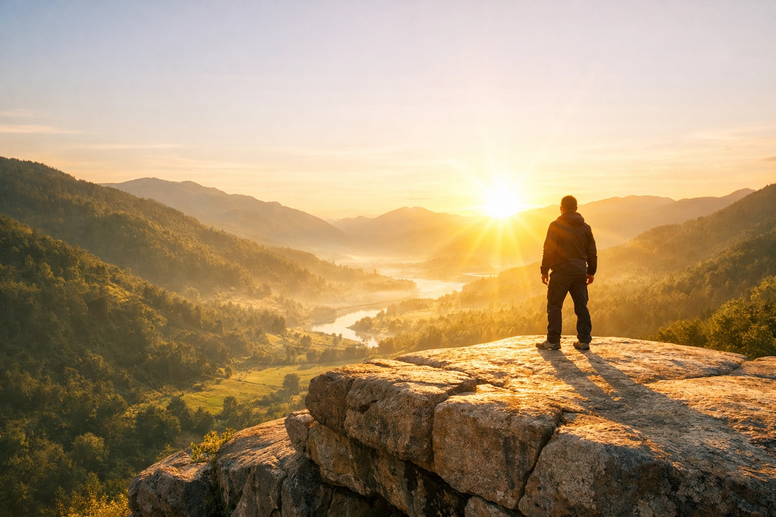 A person standing on a solid rock at sunrise, representing the strength Jesus provides for the recovery journey.