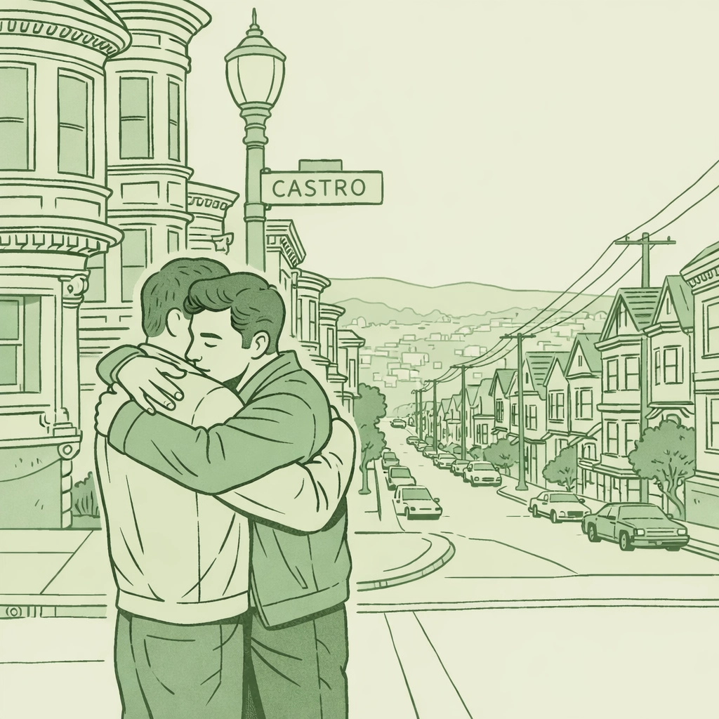 Two gay men embrace on Castro District street corner during 1960s migration to San Francisco