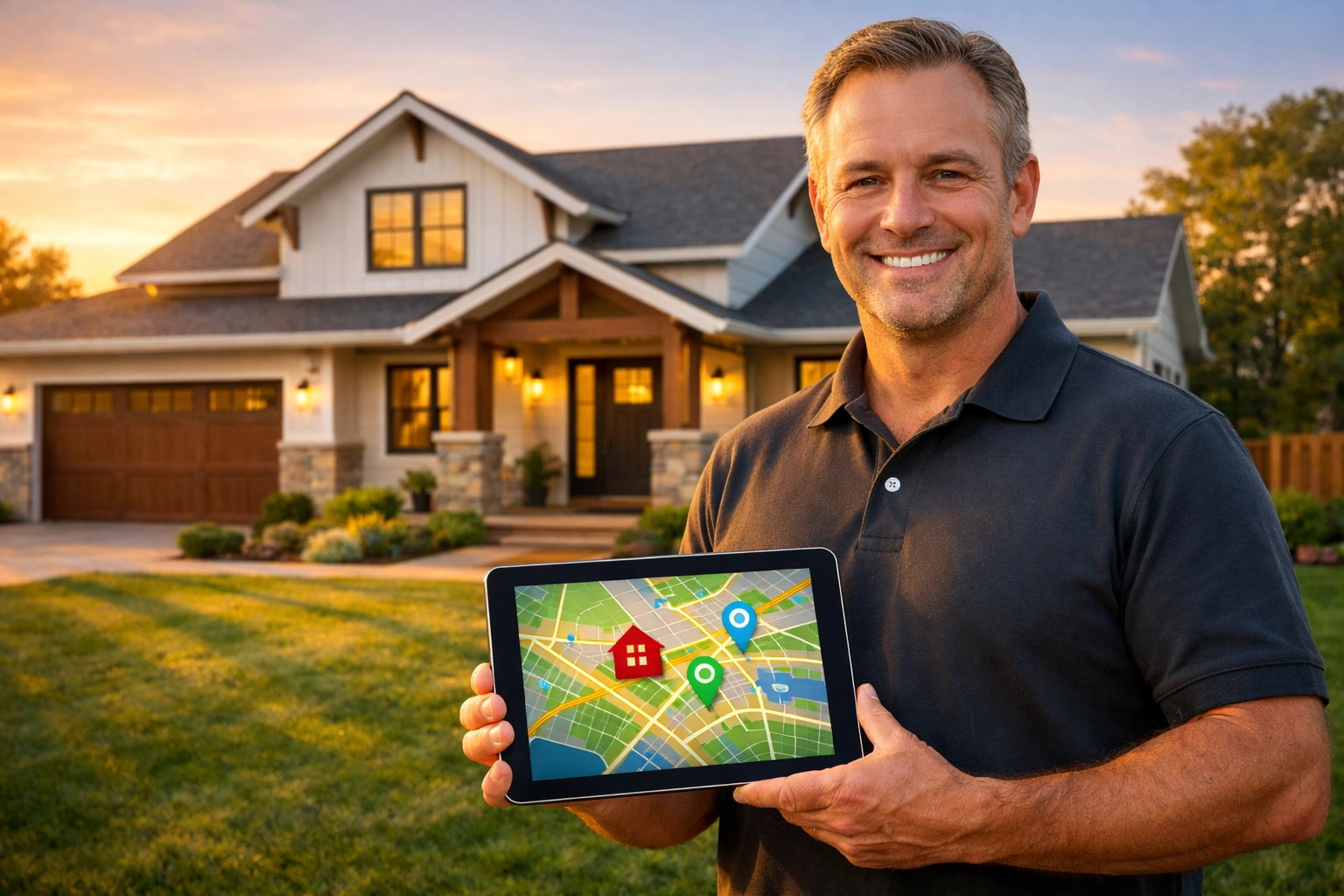 Professional local contractor holding a tablet with a map to illustrate the benefits of local SEO services.