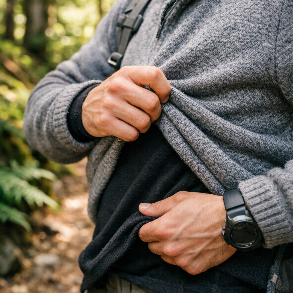 Close-up of a hiker layering wool clothing for outdoor survival in the wilderness.