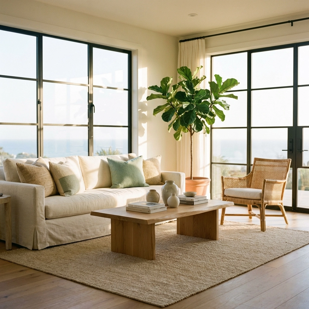 Bright California coastal living room with cream slipcovered sofa, rattan chair, and ocean view