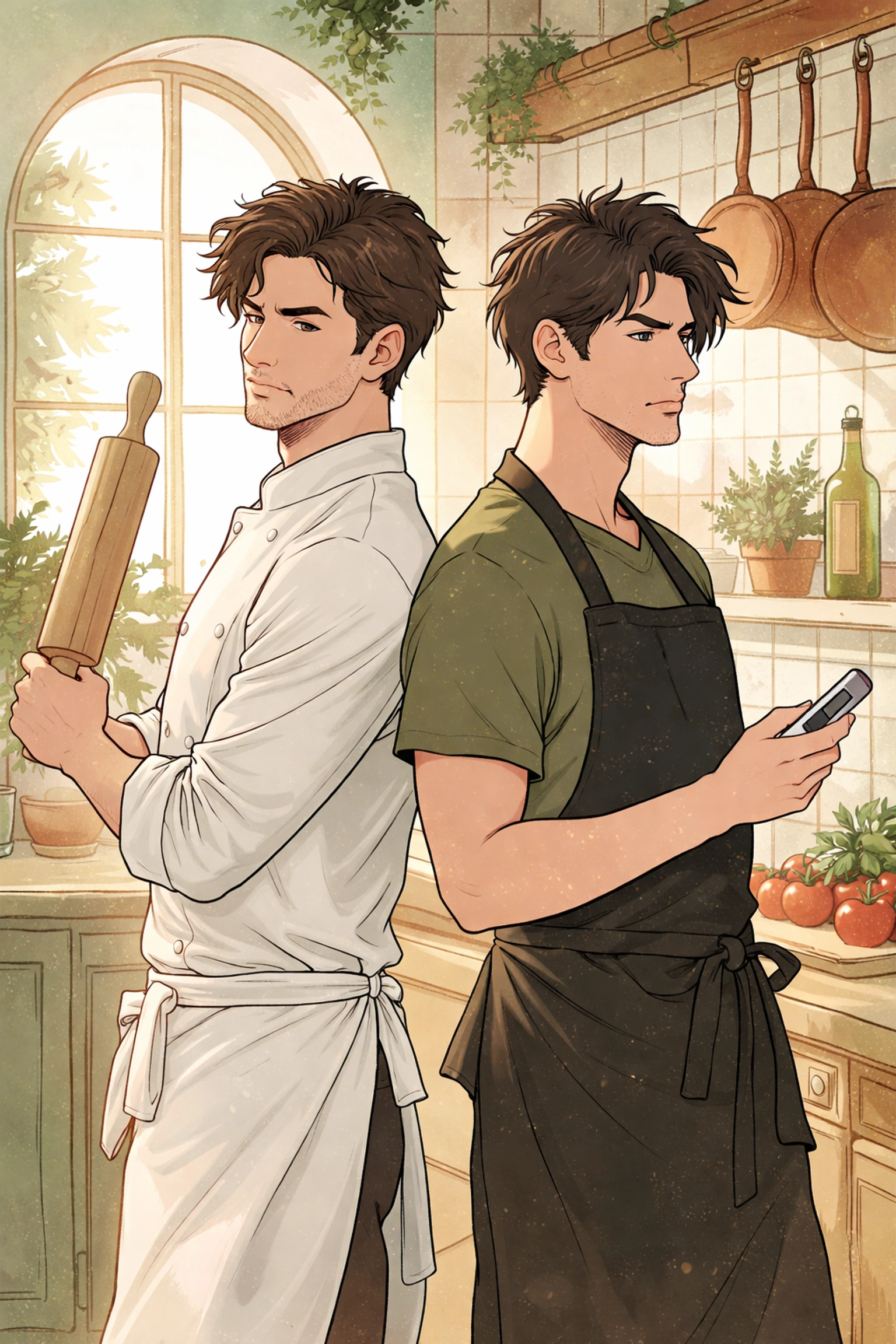 Two male bakers back-to-back in a sunlit Italian kitchen, highlighting rivalry and MM romance in The Last True Bake-Off.