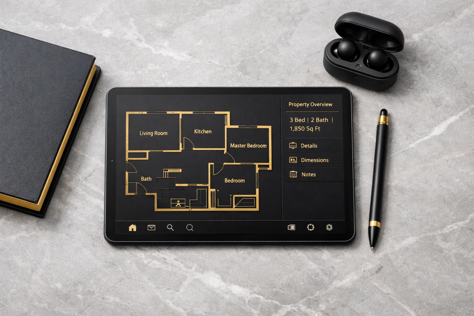 Digital property inventory technology with tablet showing floor plan interface