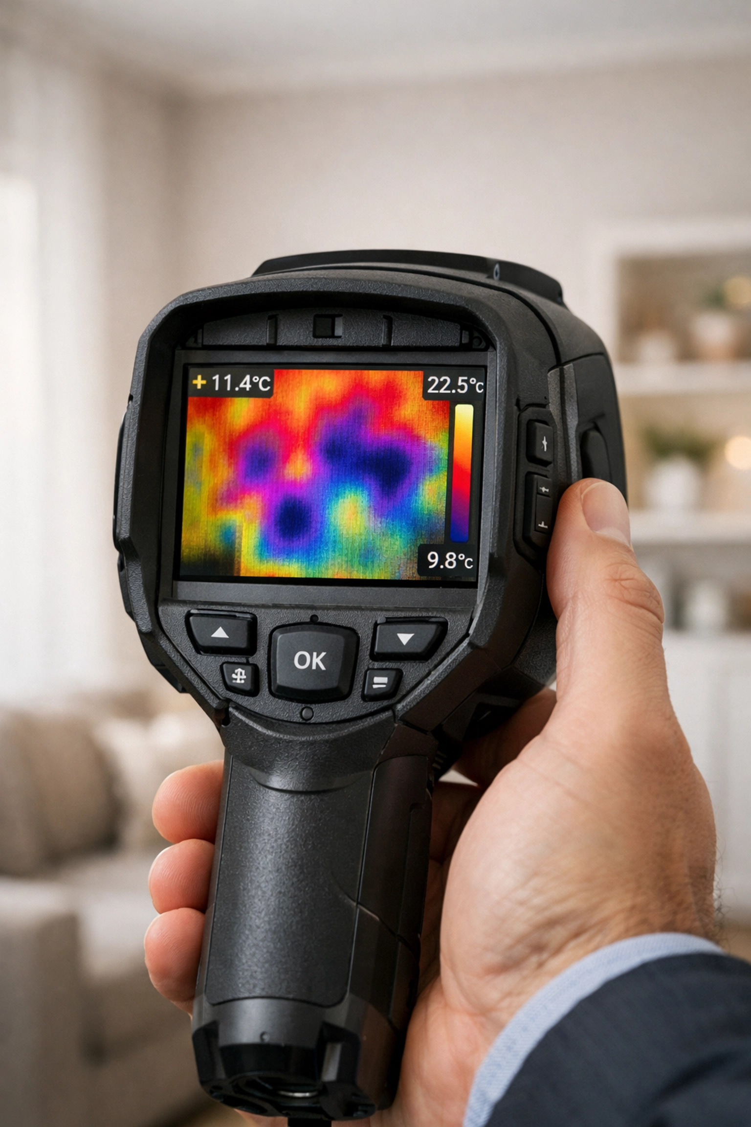Thermal imaging camera detecting missing insulation and moisture issues during an Edmonton home inspection.