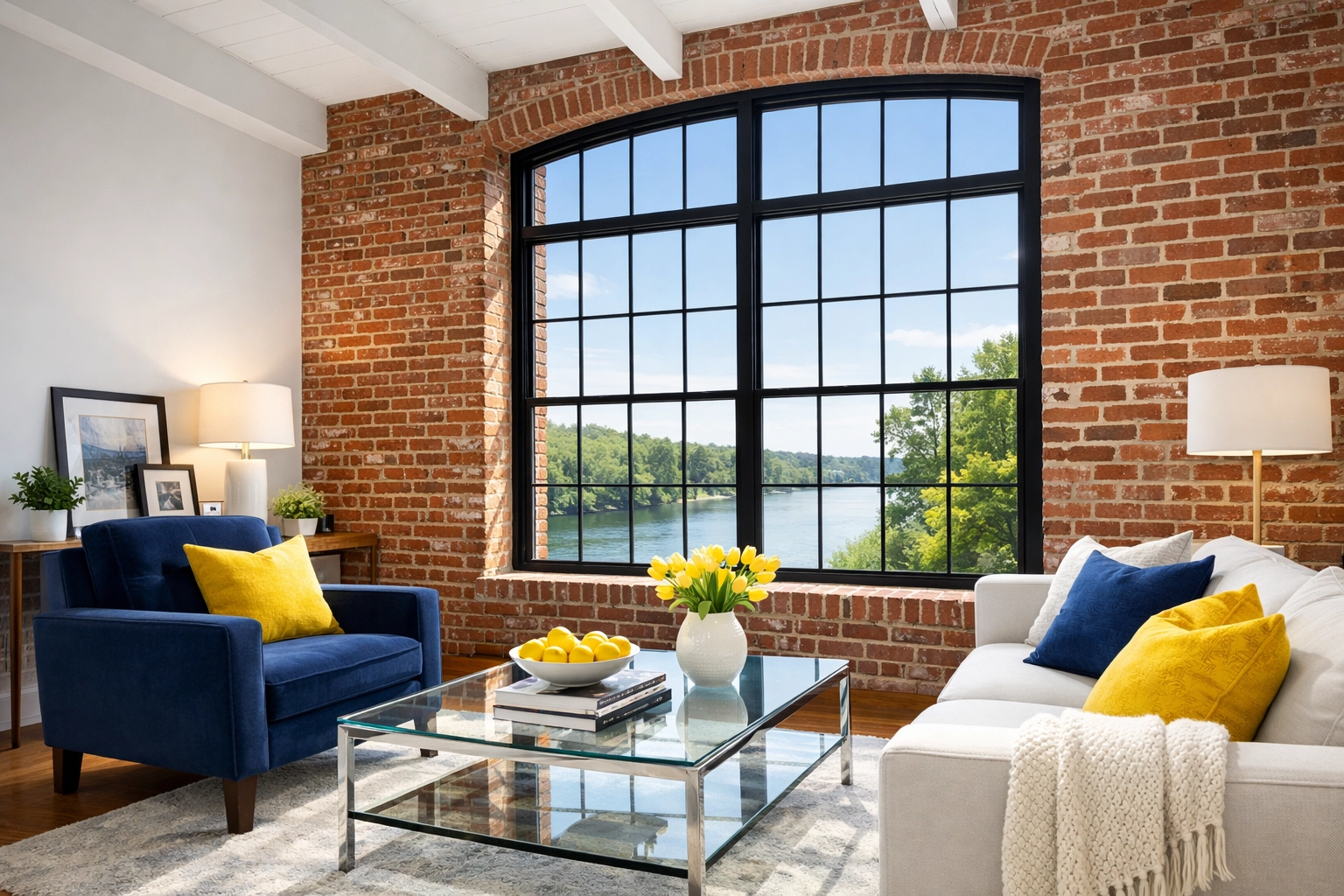 Clean and healthy historic mill loft living room serviced by professional maid services Lowell.