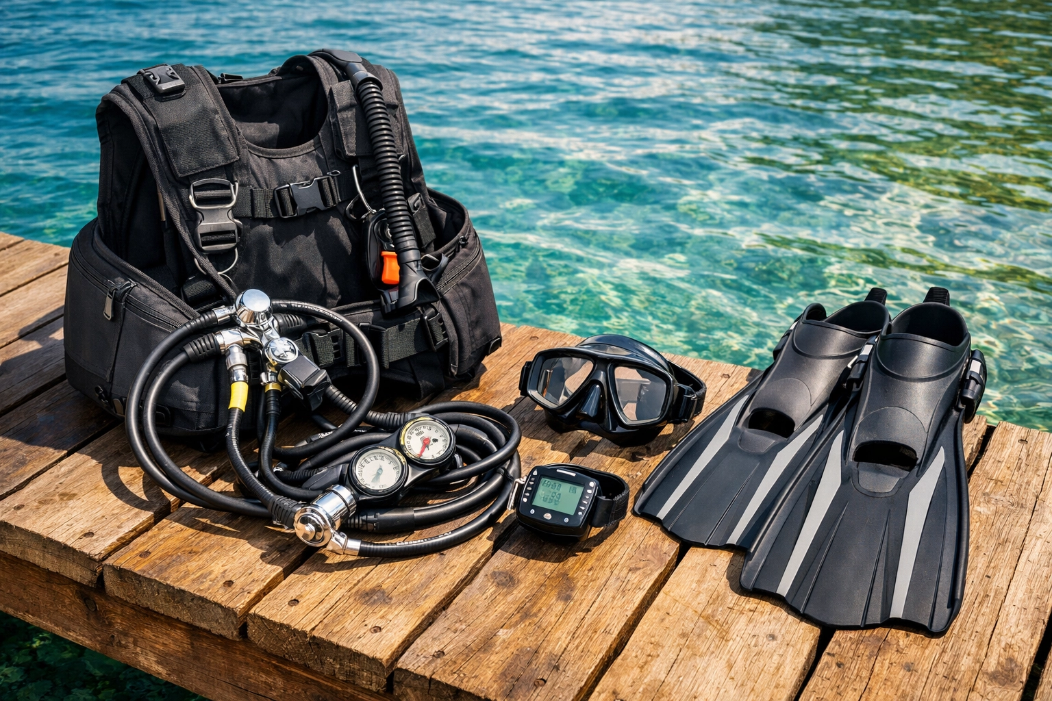 Komplette Tauchausrüstung mit BCD, Atemregler und Maske am Goitzschesee