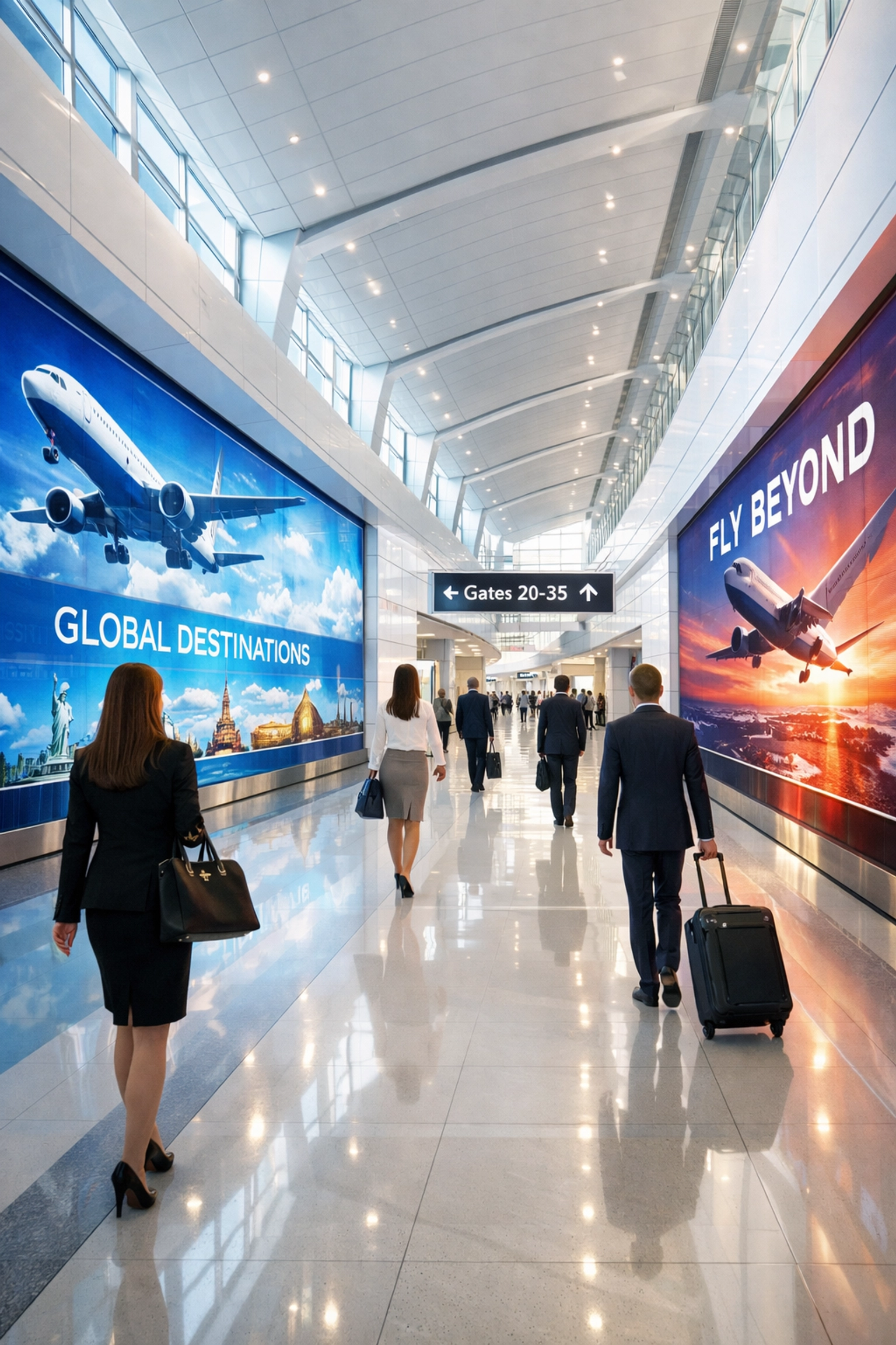High-end airport terminal with digital branding displays for executive corporate travel presence.
