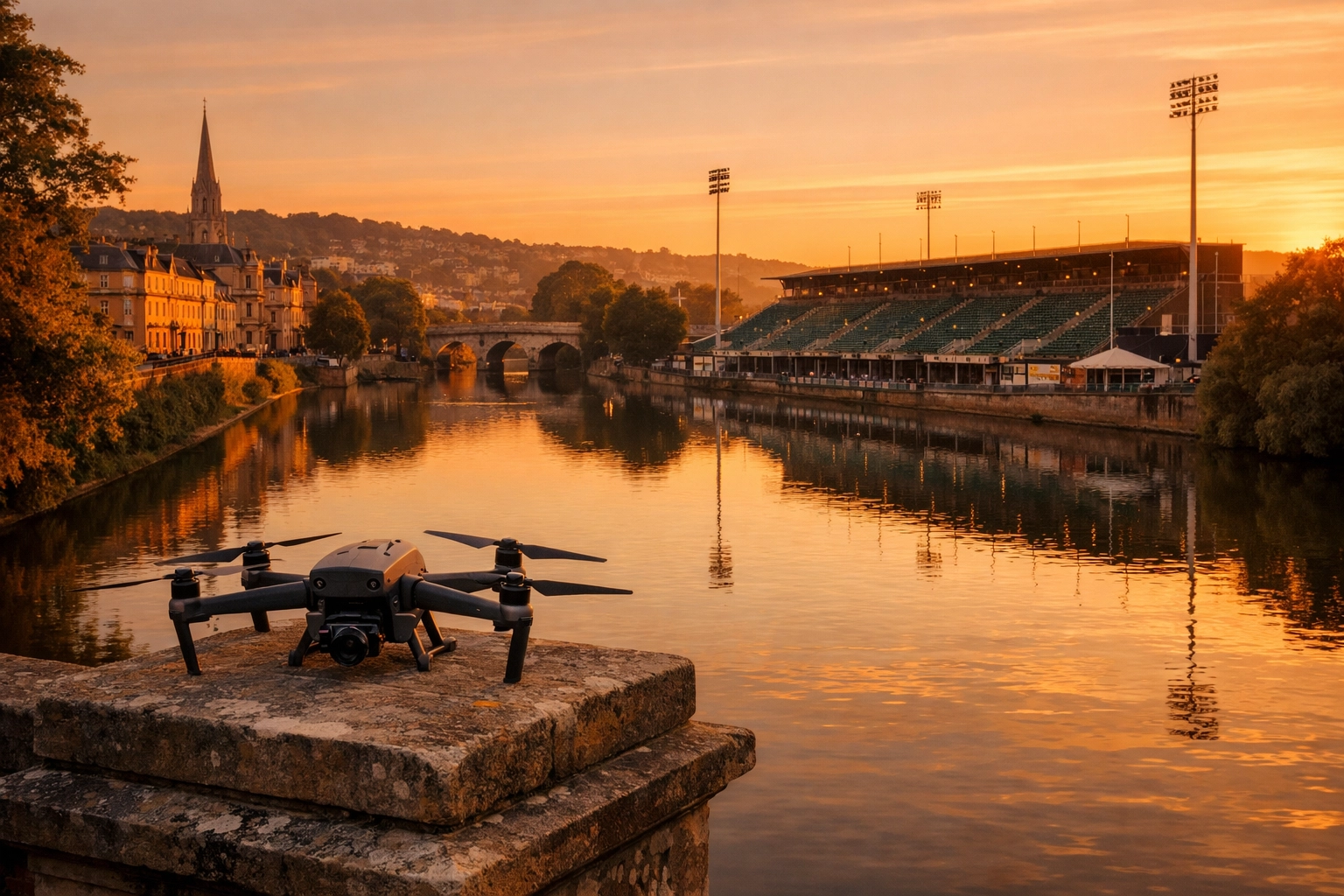 Drone memorial service by the River Avon overlooking Bath Rugby's The Rec stadium at sunset.