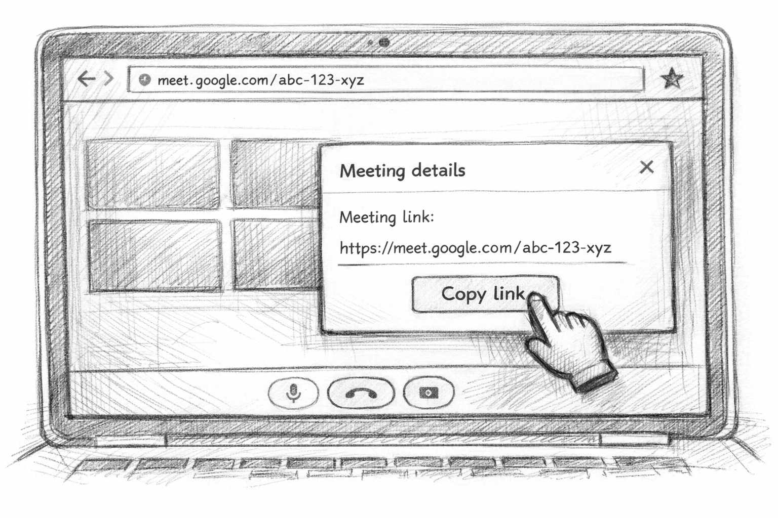 Copying a Google Meet link from the browser interface