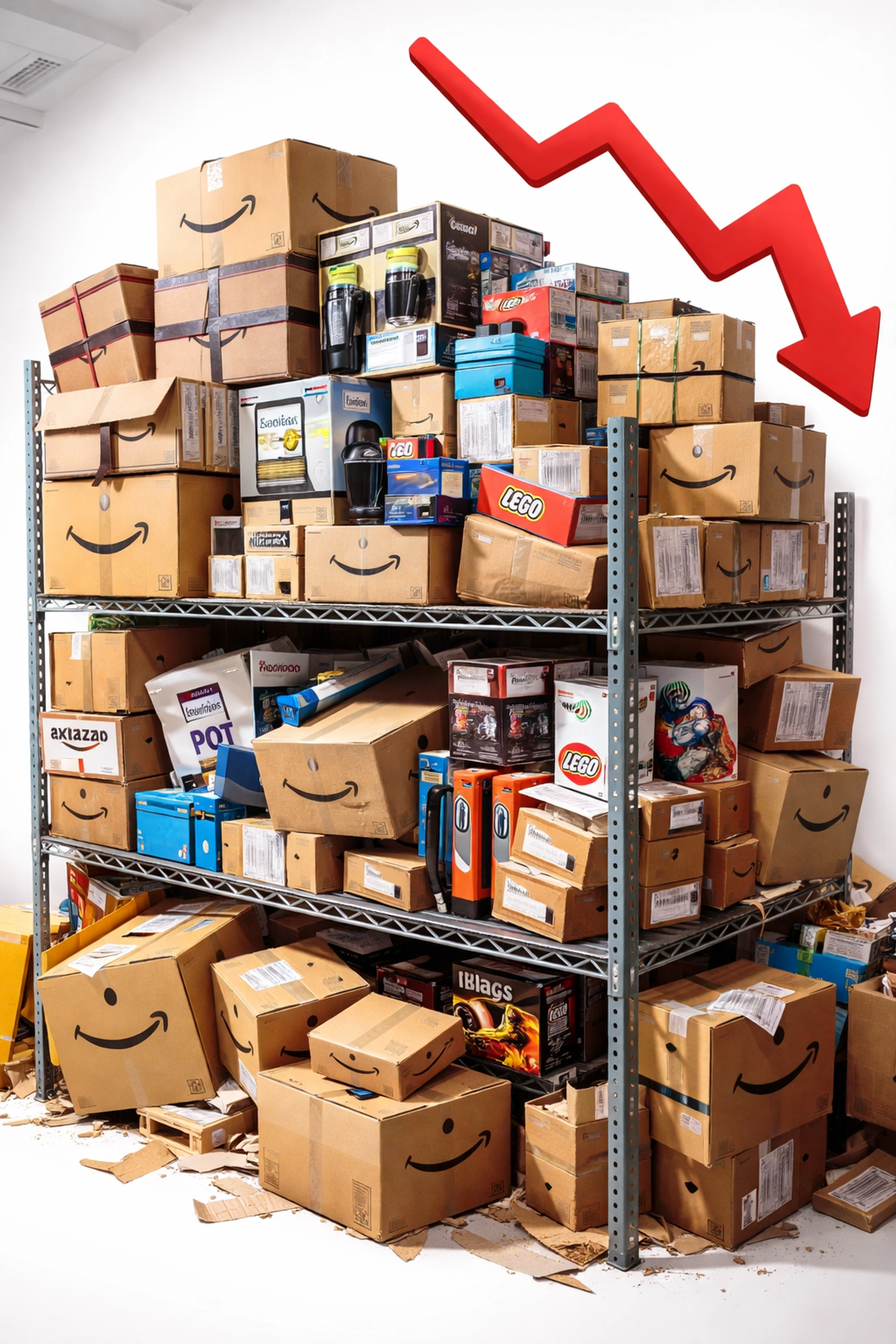 Excess Amazon FBA inventory piled on shelves, highlighting warehouse stock problems and storage fee risks