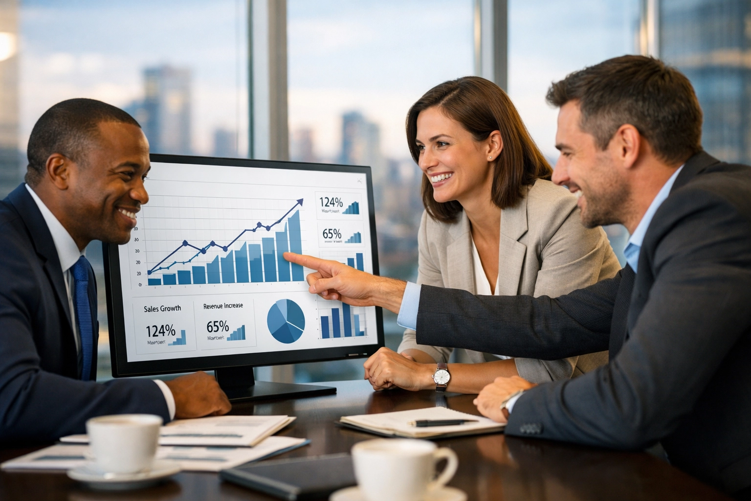 Dakdan Worldwide team analyzing digital media growth charts during a strategic planning session in a modern office.