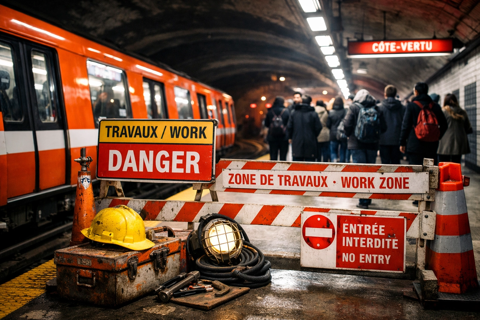 Montreal STM Orange Line metro platform with maintenance equipment during March service disruptions