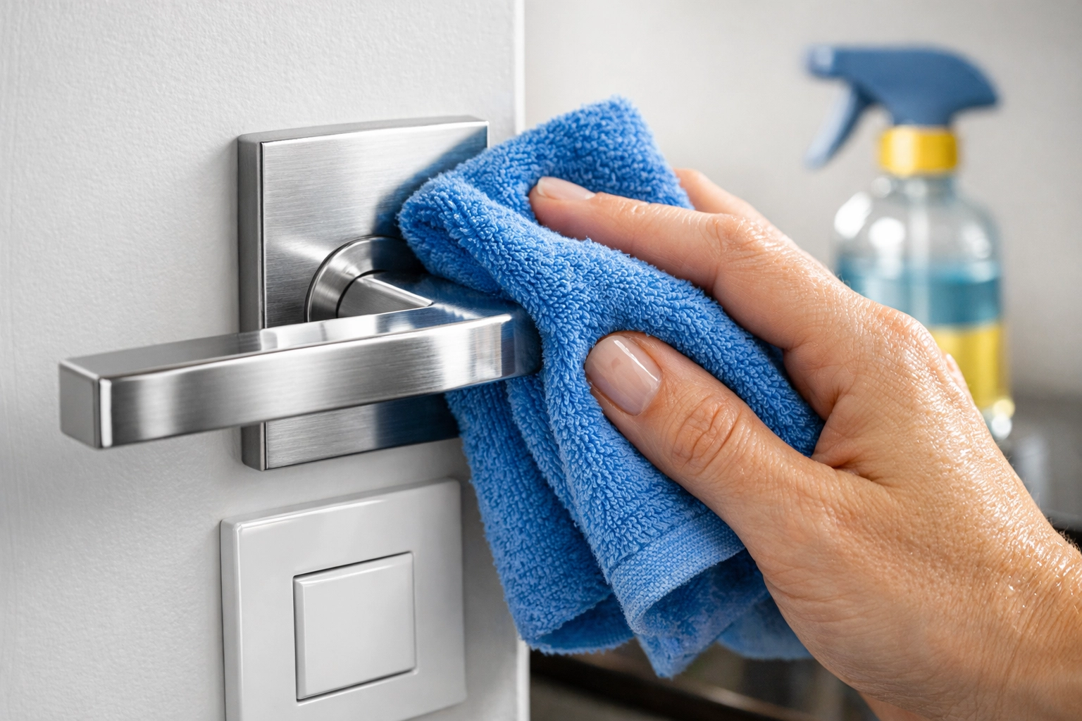 Detailed residential cleaning MA focusing on high-touch light switches using eco-friendly products.