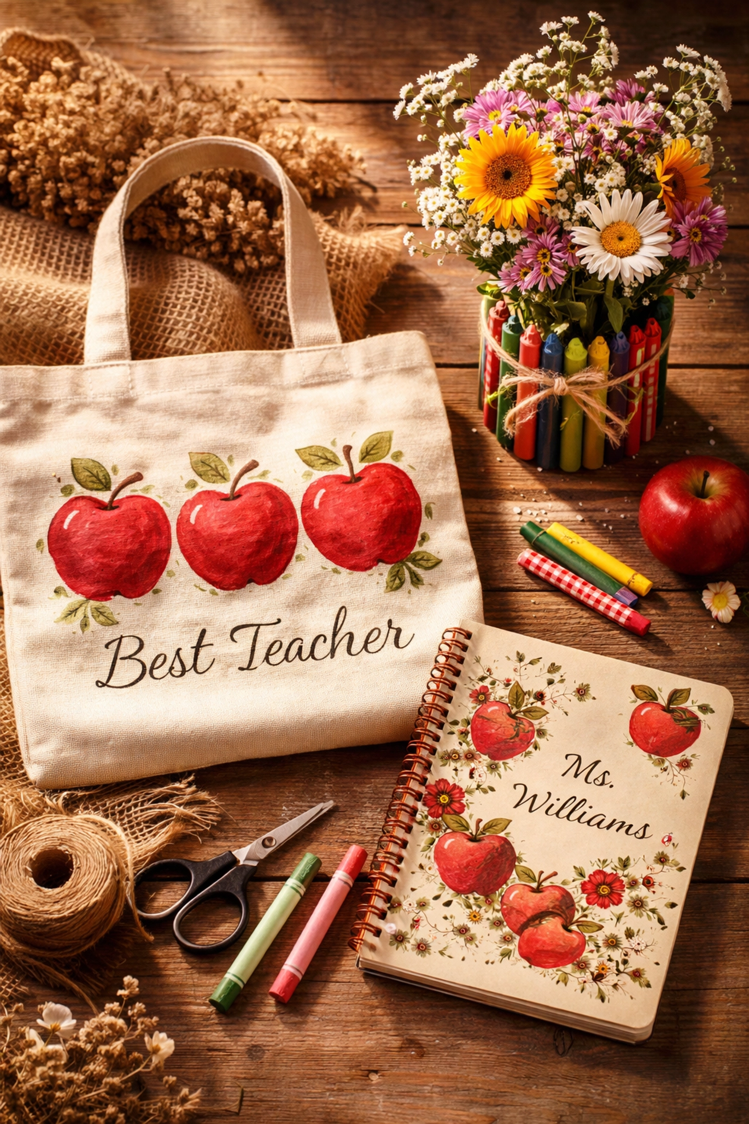 Handcrafted teacher gifts including a painted tote bag, crayon vase with flowers, and personalized notebook on a rustic table