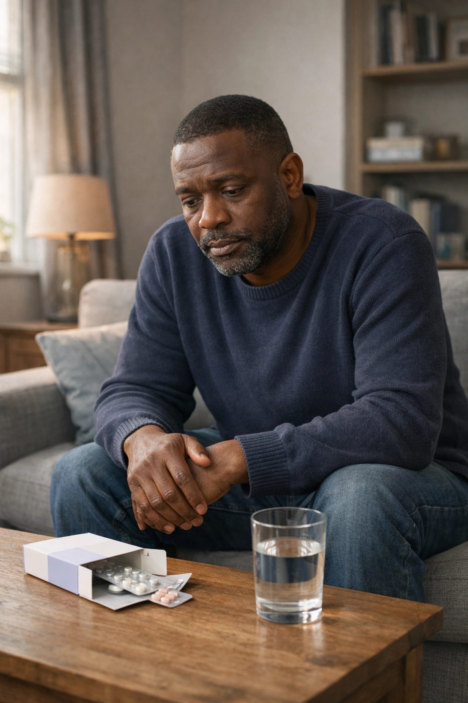 Man experiencing chronic fatigue from asthma sitting at home with medication box on table