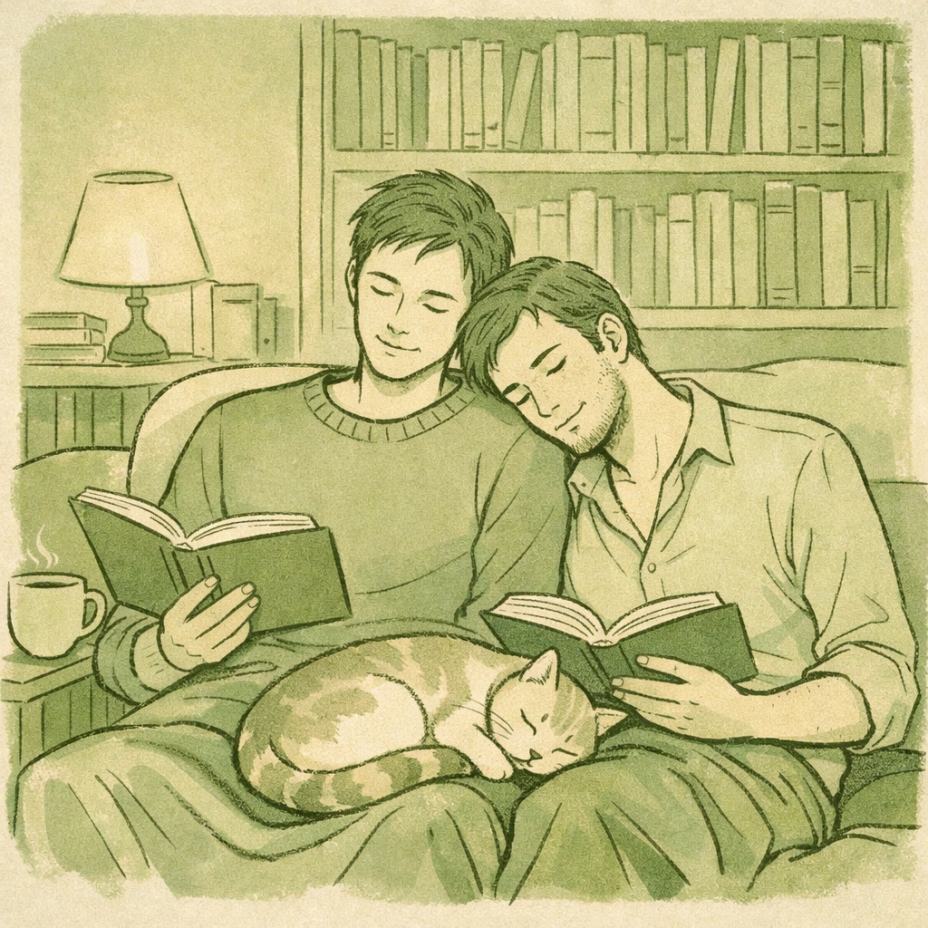 Gay men reading MM romance together with adopted cat in cozy cafe