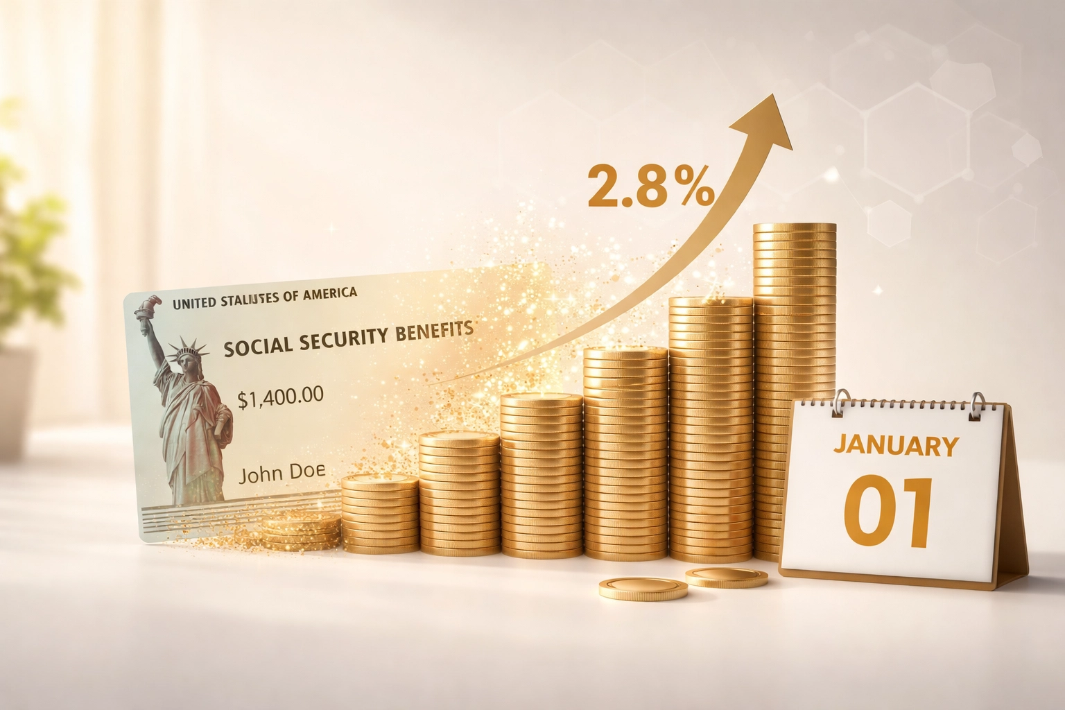 Stacks of coins growing beside a Social Security check and January calendar, illustrating 2026 COLA increase for retirees in Florida