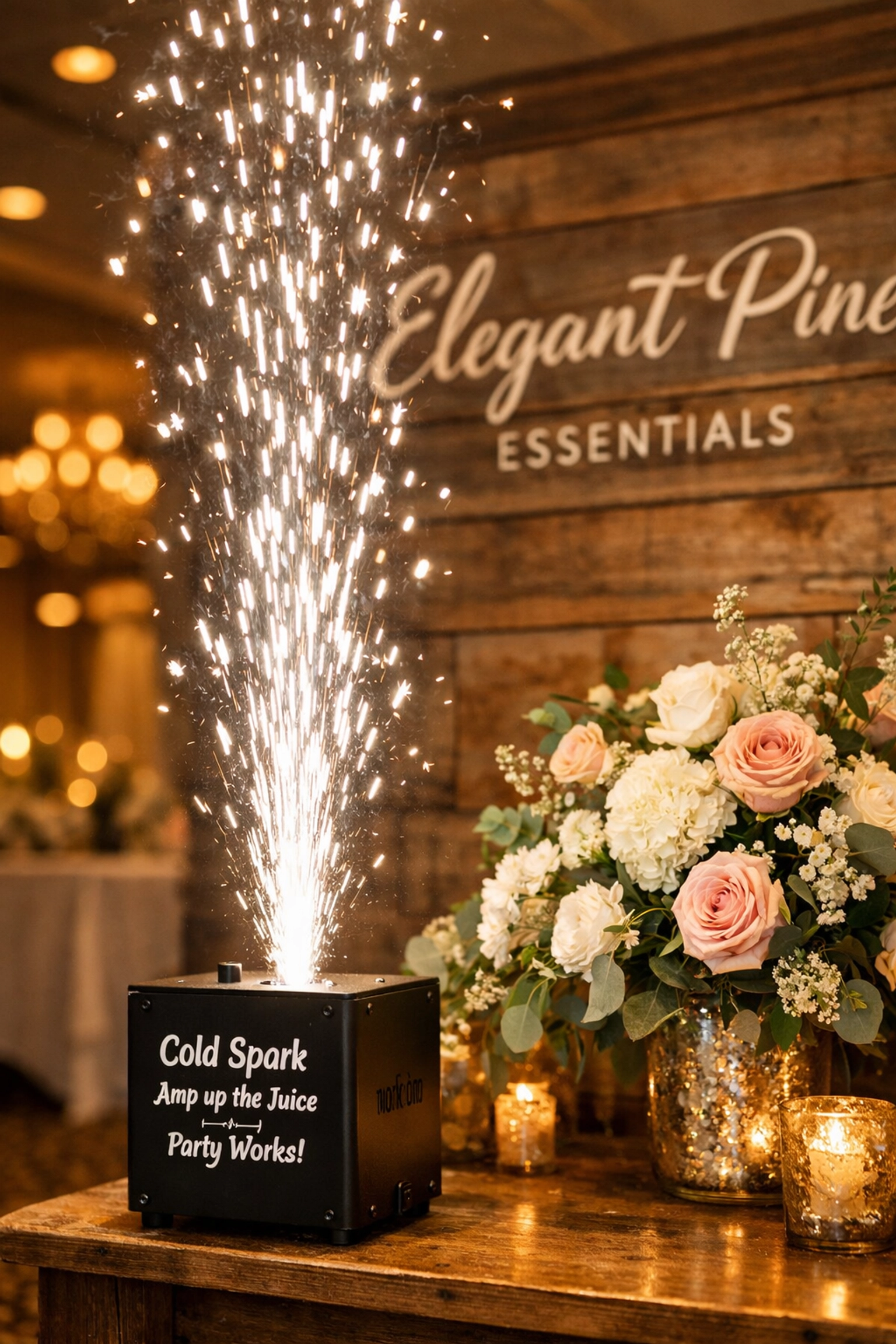 Indoor safe cold sparkler fountain for a Fort Wayne wedding reception by The Weathered Moose LLC.