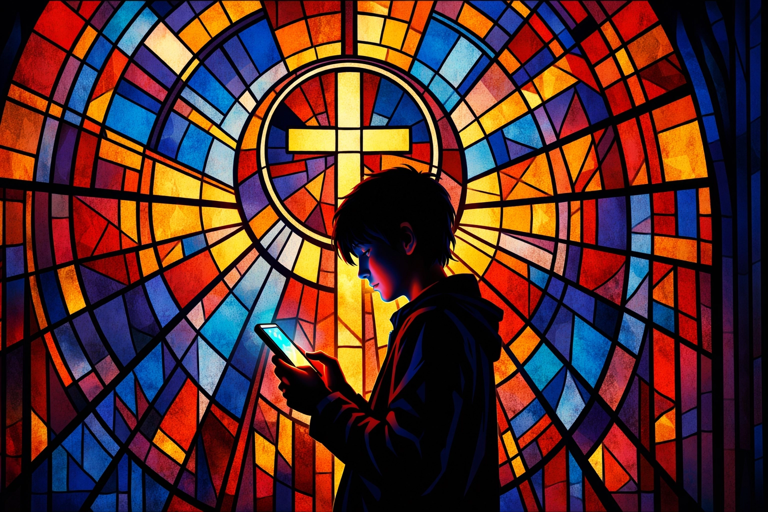 Teenager with a smartphone in front of stained glass, representing Christian digital identity.