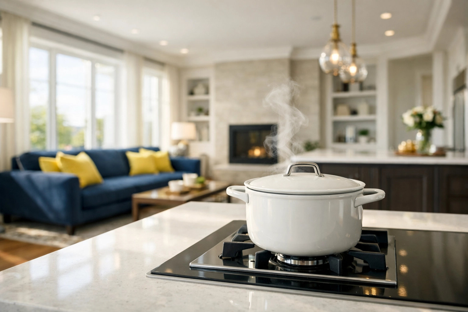 A steaming white pot on a stove in a modern kitchen creating a cozy, natural home aroma with cinnamon sticks.