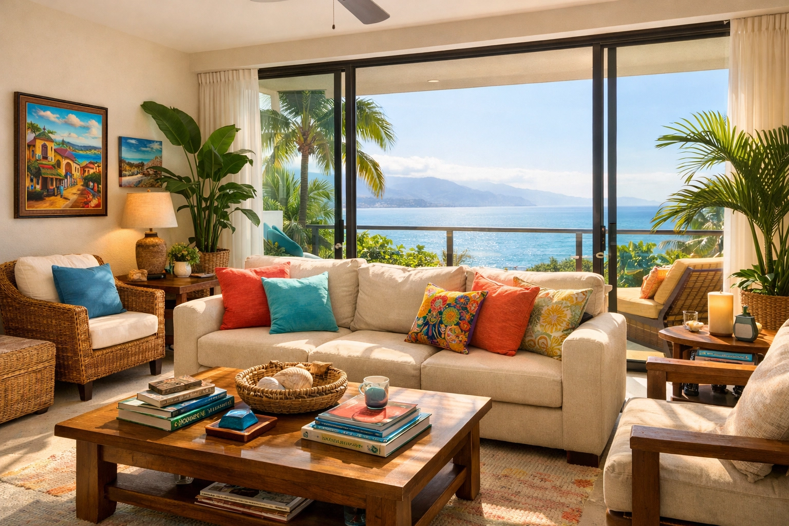 Spacious Puerto Vallarta condo living room with ocean views and comfortable furniture