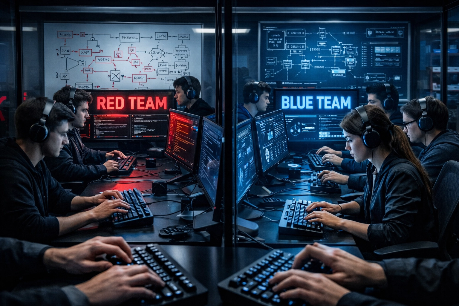 Cybersecurity students conducting collaborative red team exercise in learning pod