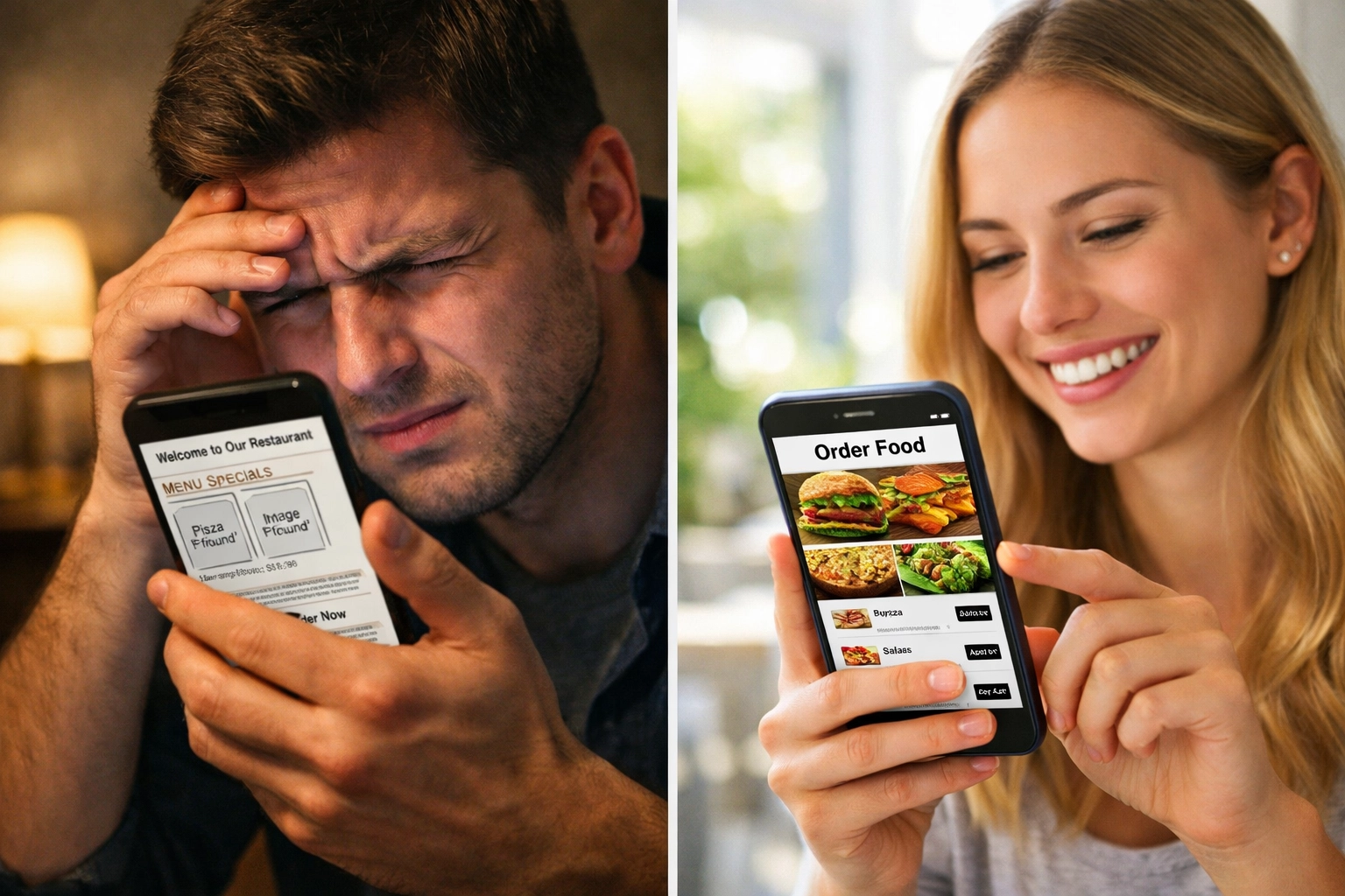 Comparison of poor versus modern restaurant online ordering experience on mobile devices