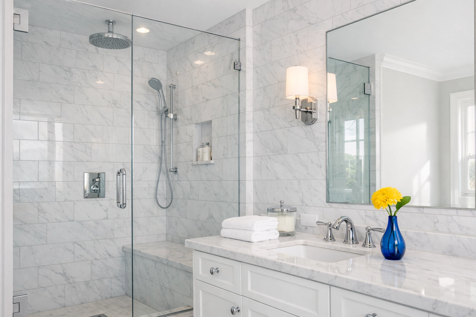 Pristine marble bathroom and streak-free glass in a luxury unit after a professional apartment turnover in Boston.