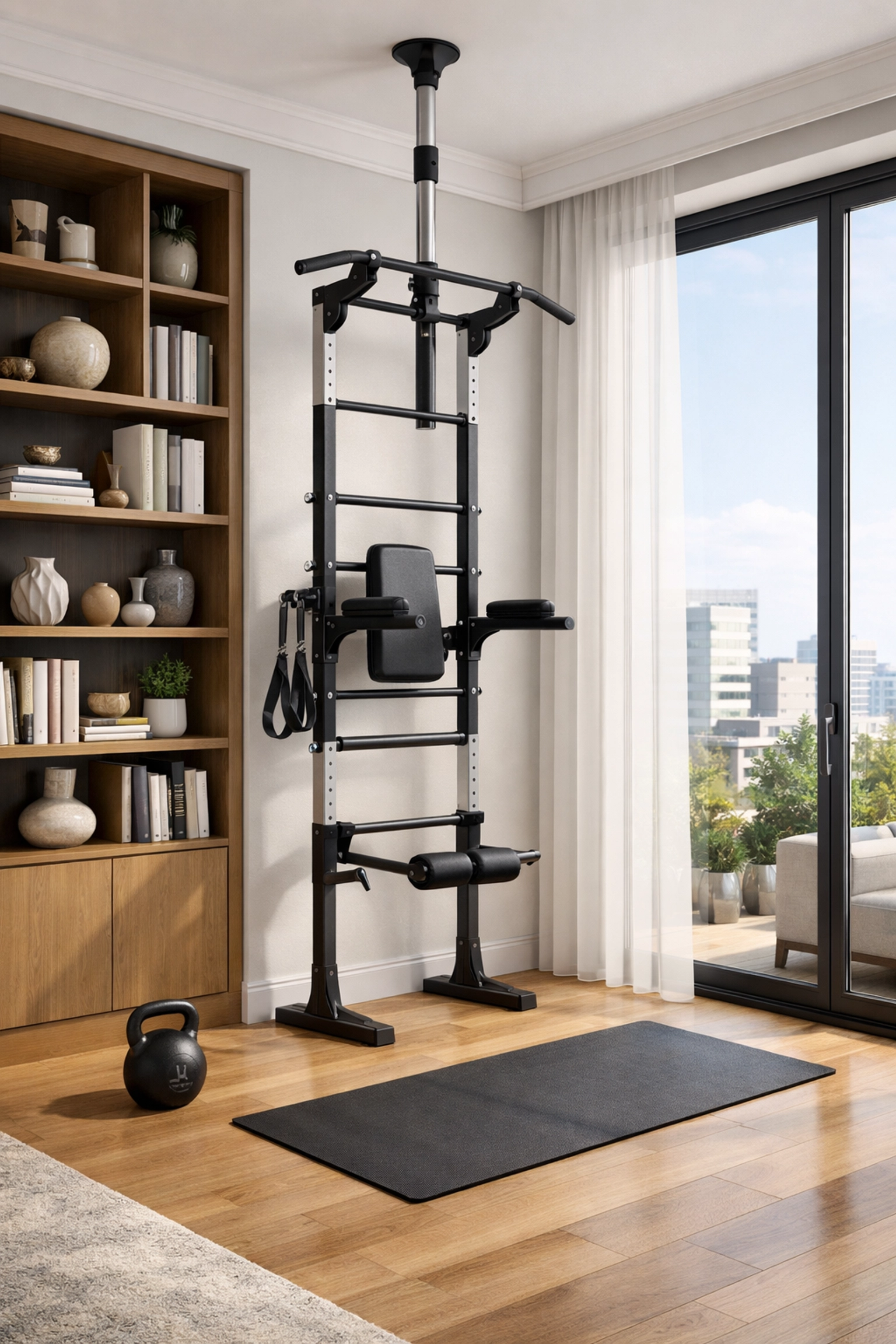 Space-saving calisthenics equipment for home featuring a no wall damage workout rail system.