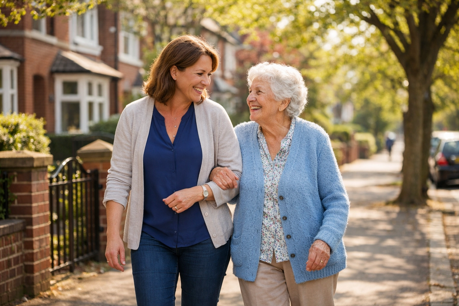 Home care worker and elderly woman walking together in Southampton neighborhood