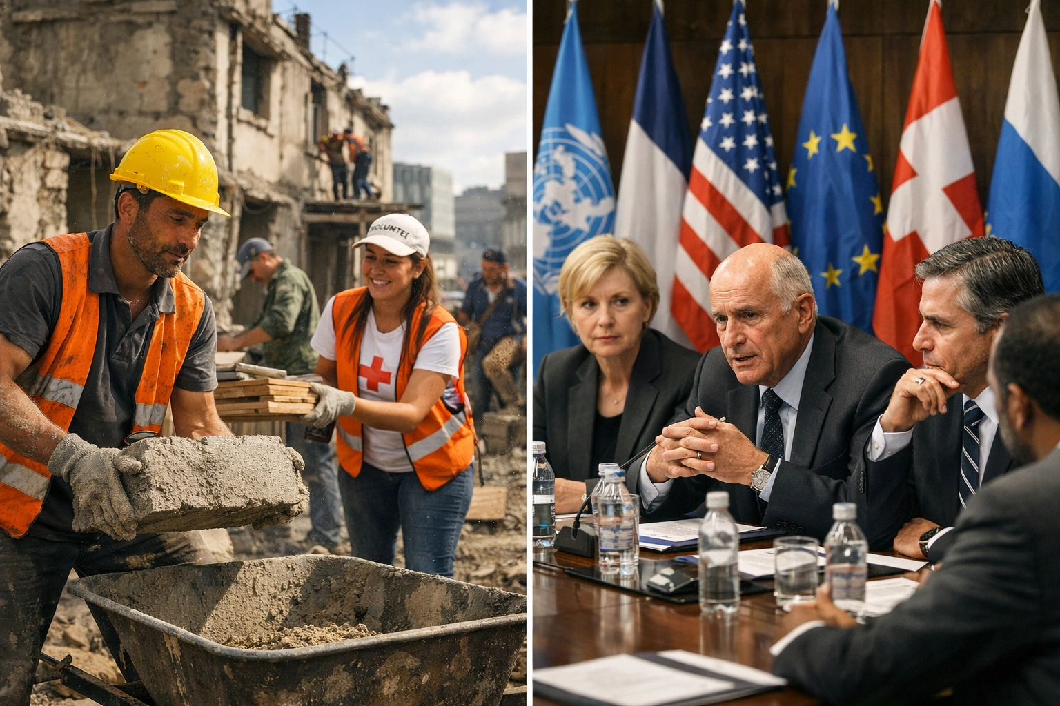 Humanitarian workers rebuilding and diplomats in dialogue representing hope and peacemaking efforts