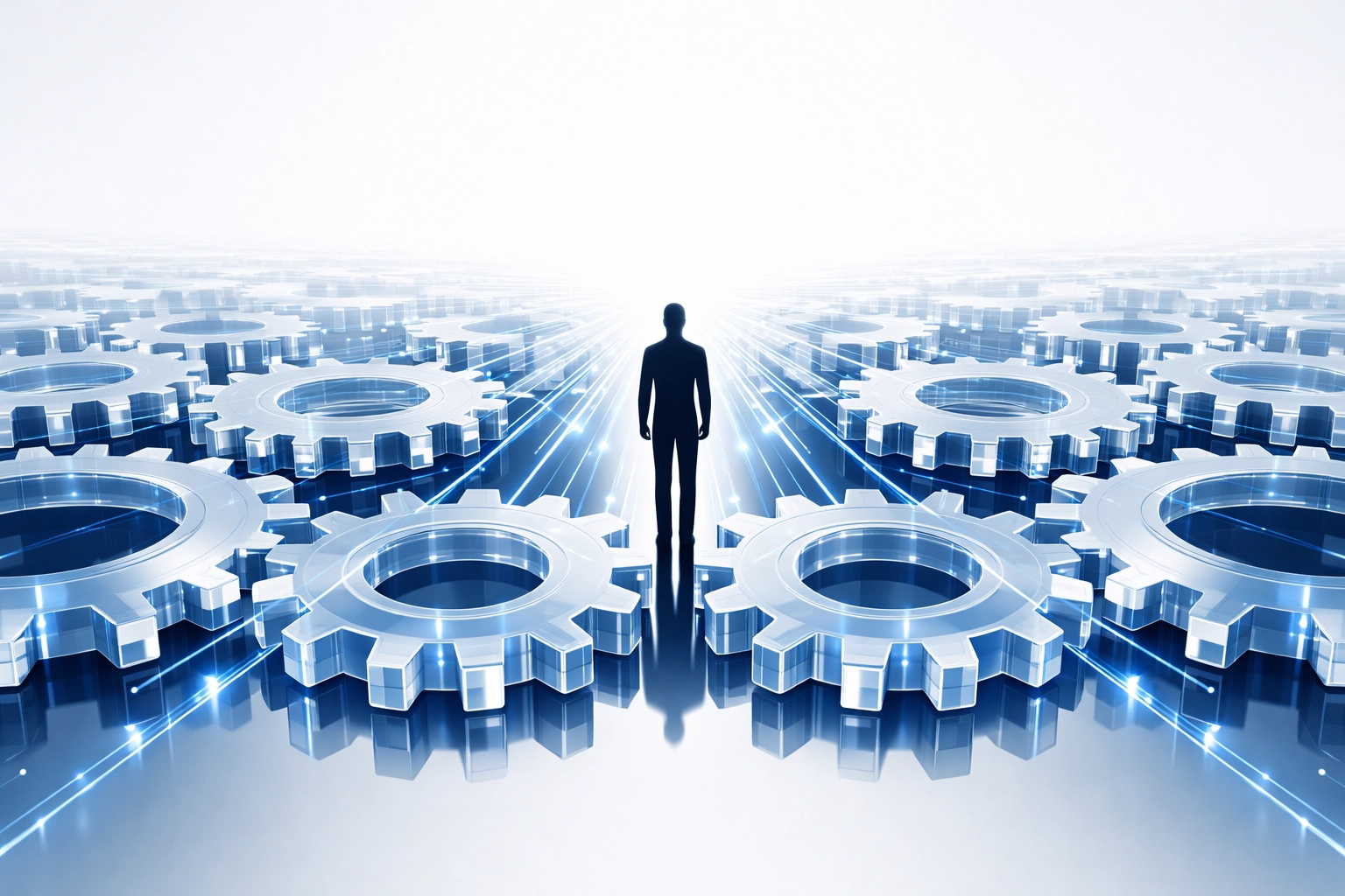 A professional overseeing an automated network of digital gears to scale operations without increasing headcount.