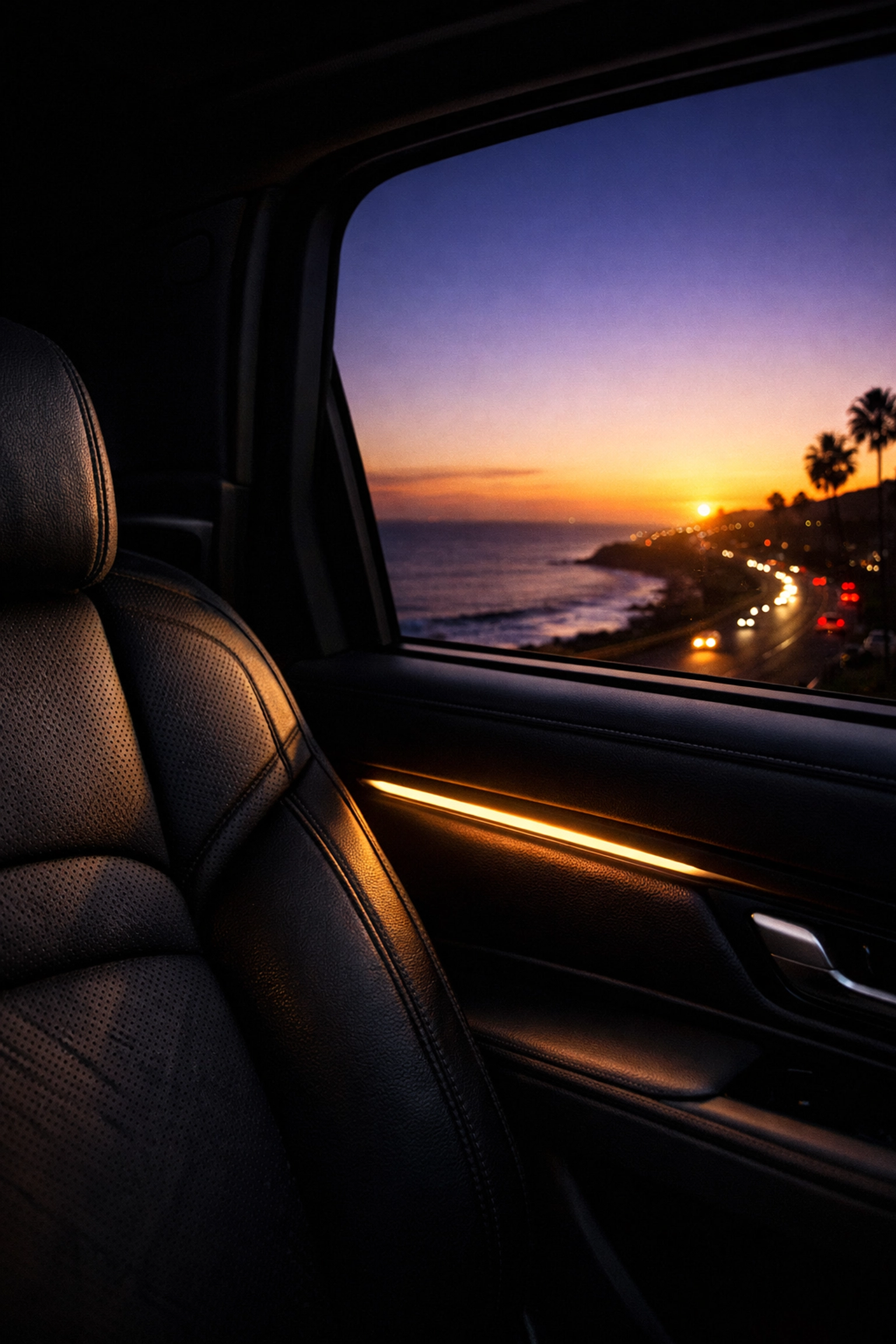 Luxury black car interior overlooking a cinematic sunset in Laguna Beach with premium leather executive seating.