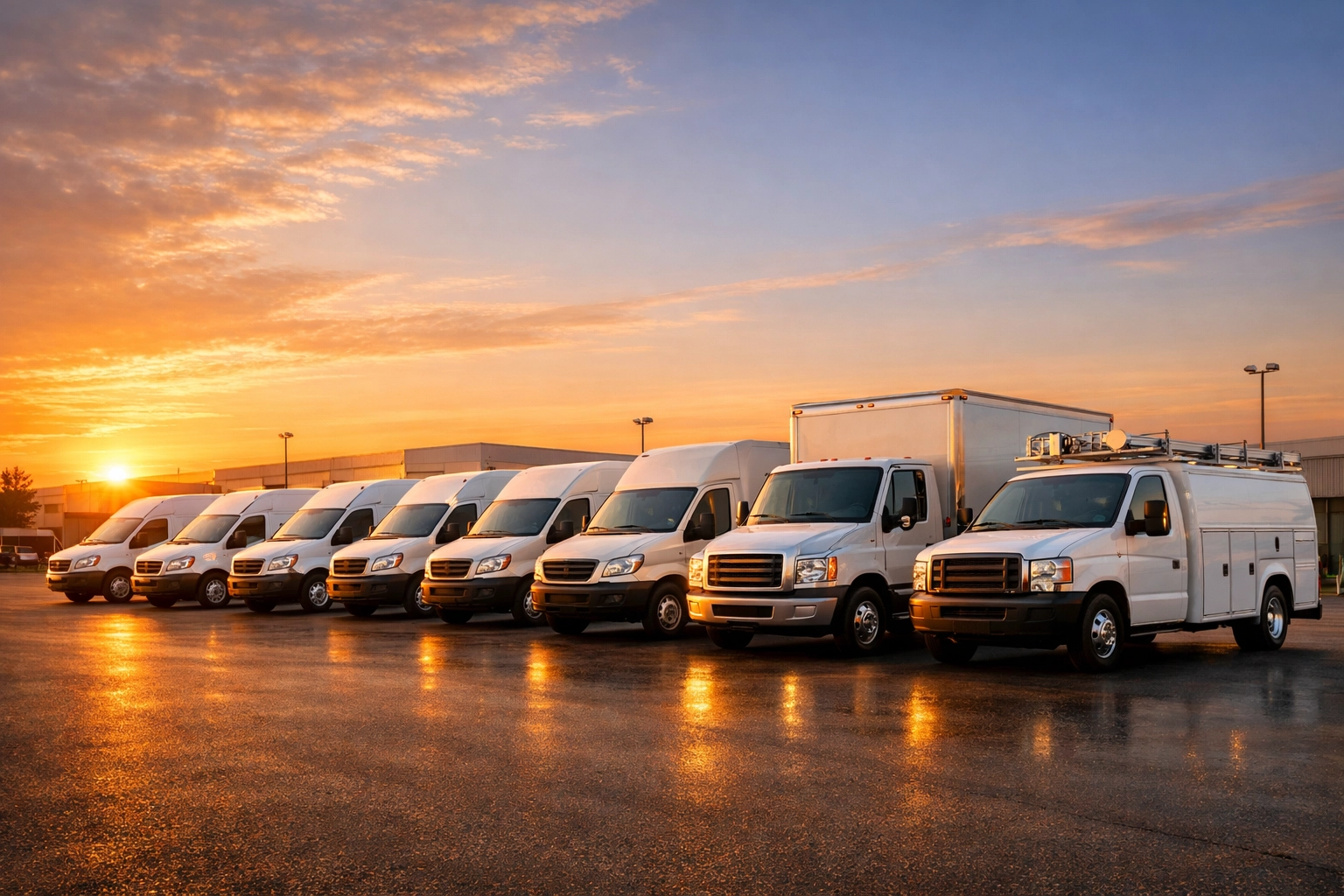 A reliable fleet of white delivery vans and service trucks parked in an orderly row at a professional depot.