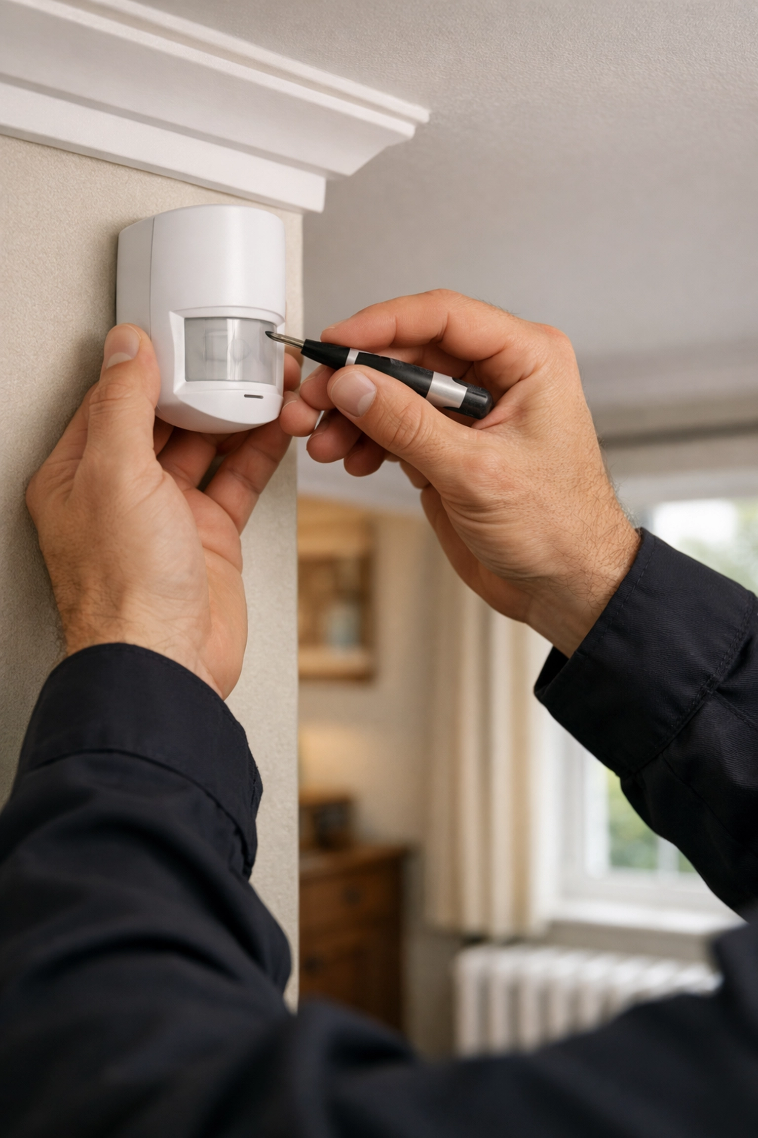Professional security technician installing a PIR motion sensor in a UK living room.