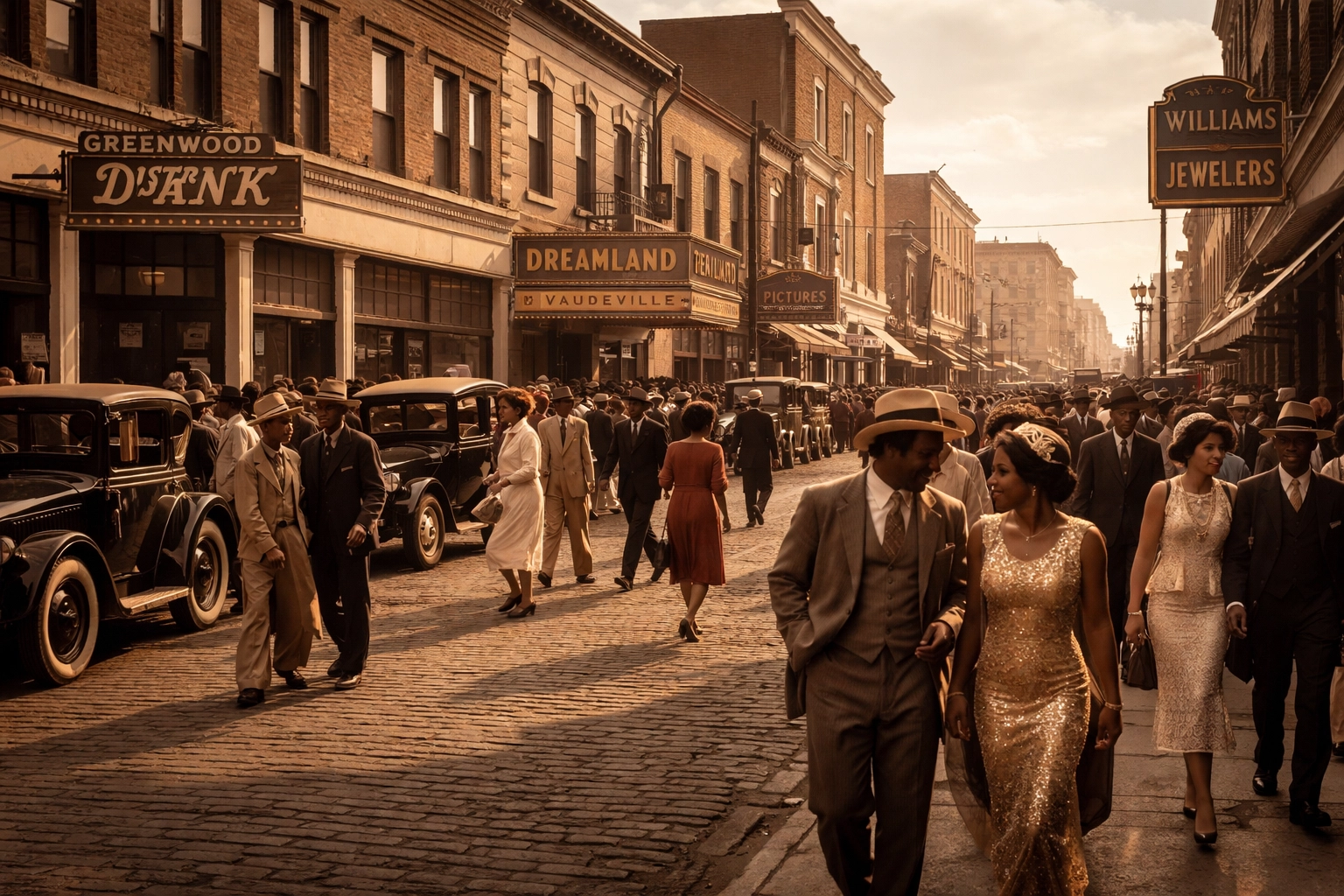 The Journey of Excellence: From Kemet to 2026 Vibrant 1921 Greenwood District street scene with thriving Black-owned businesses and community prosperity.