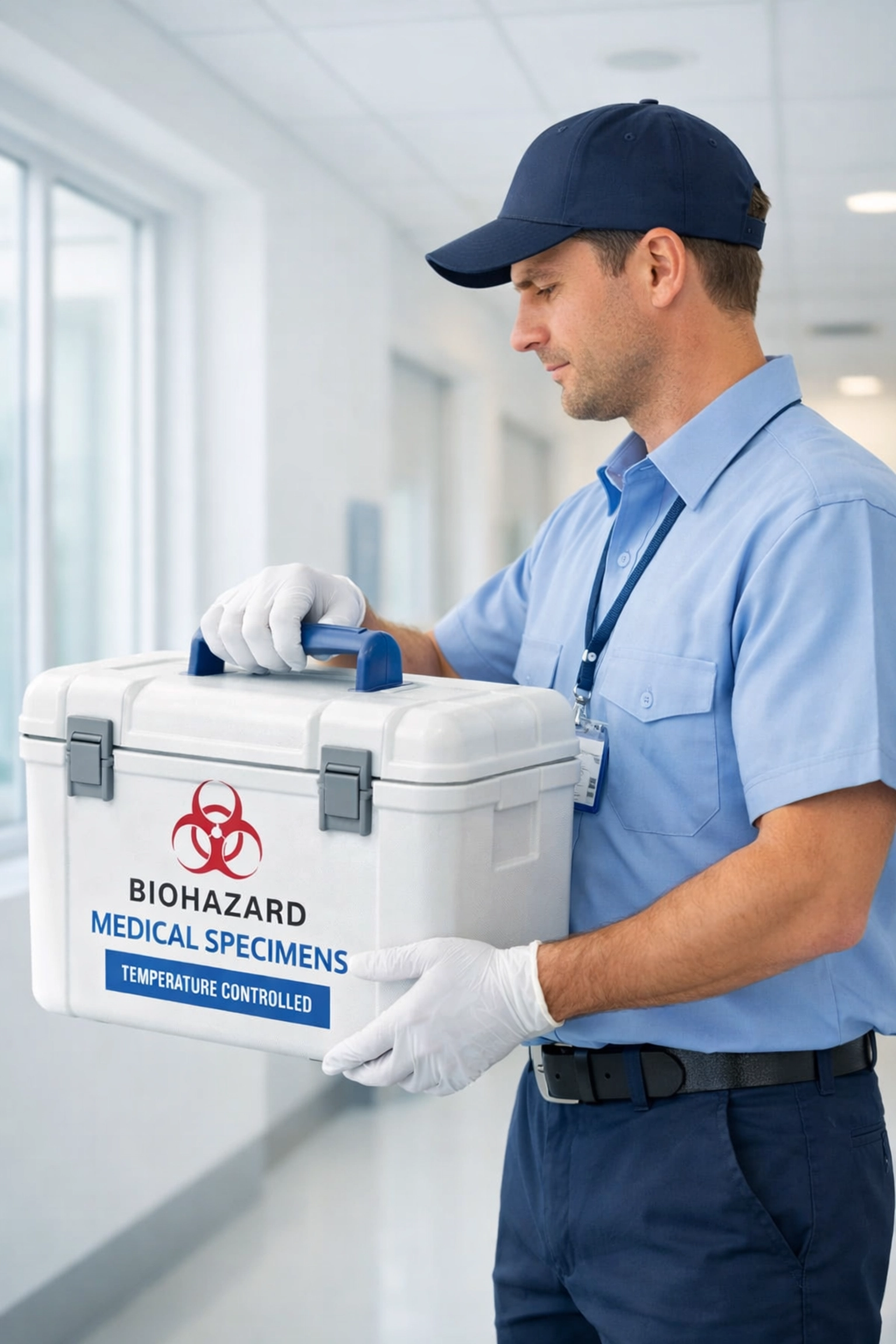 Medical courier service professional handling secure specimen transport container