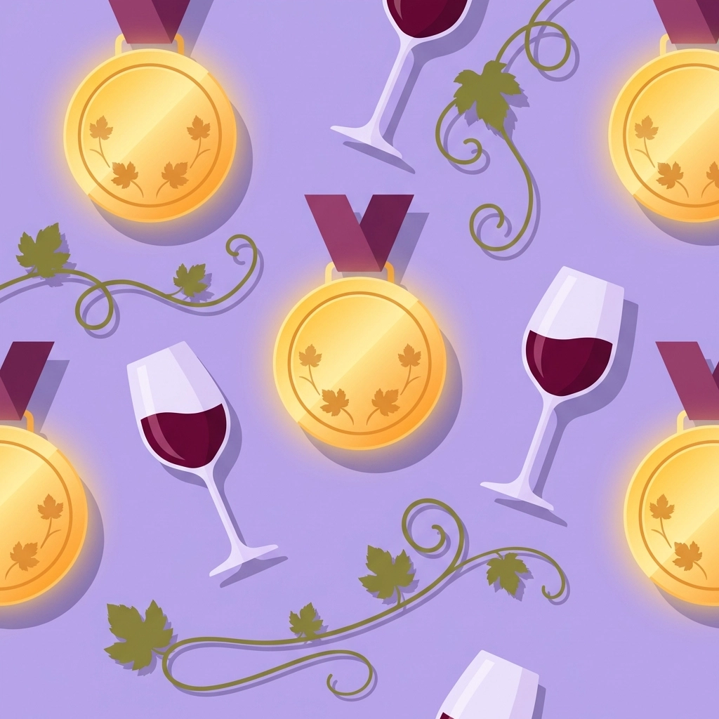Gold medals and wine glasses highlighting Virginia's award-winning wines on a vibrant background