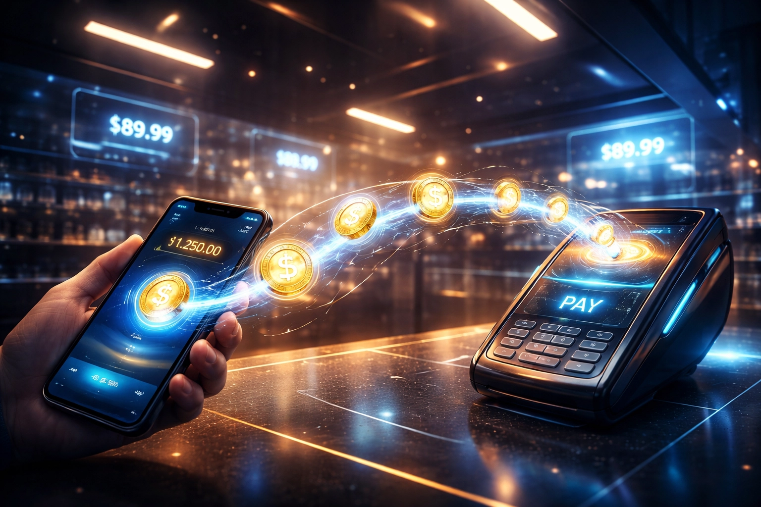 Futuristic digital payment showing stablecoin tokens transferred from smartphone to merchant terminal, highlighting Larecoin LUSD stablecoin benefits.