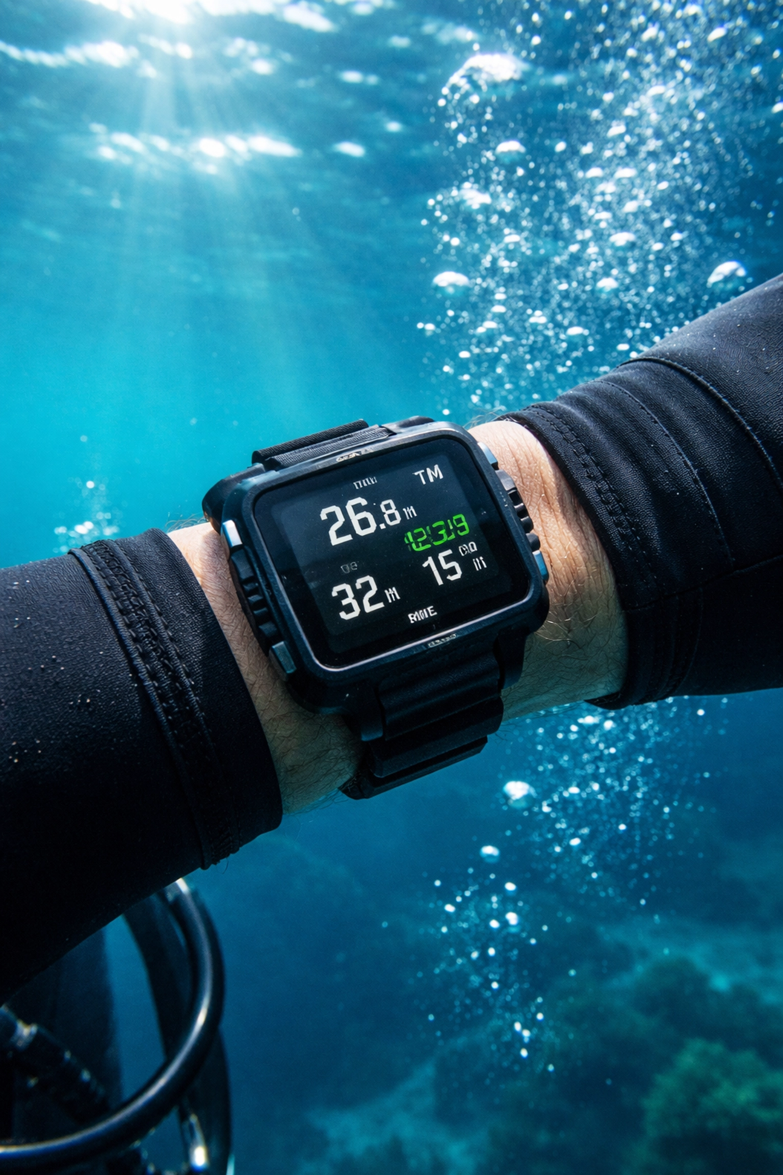 Nahaufnahme eines Unterwasser-Tauchcomputers am Handgelenk, wichtig für sicheres und modernes Tauchen.