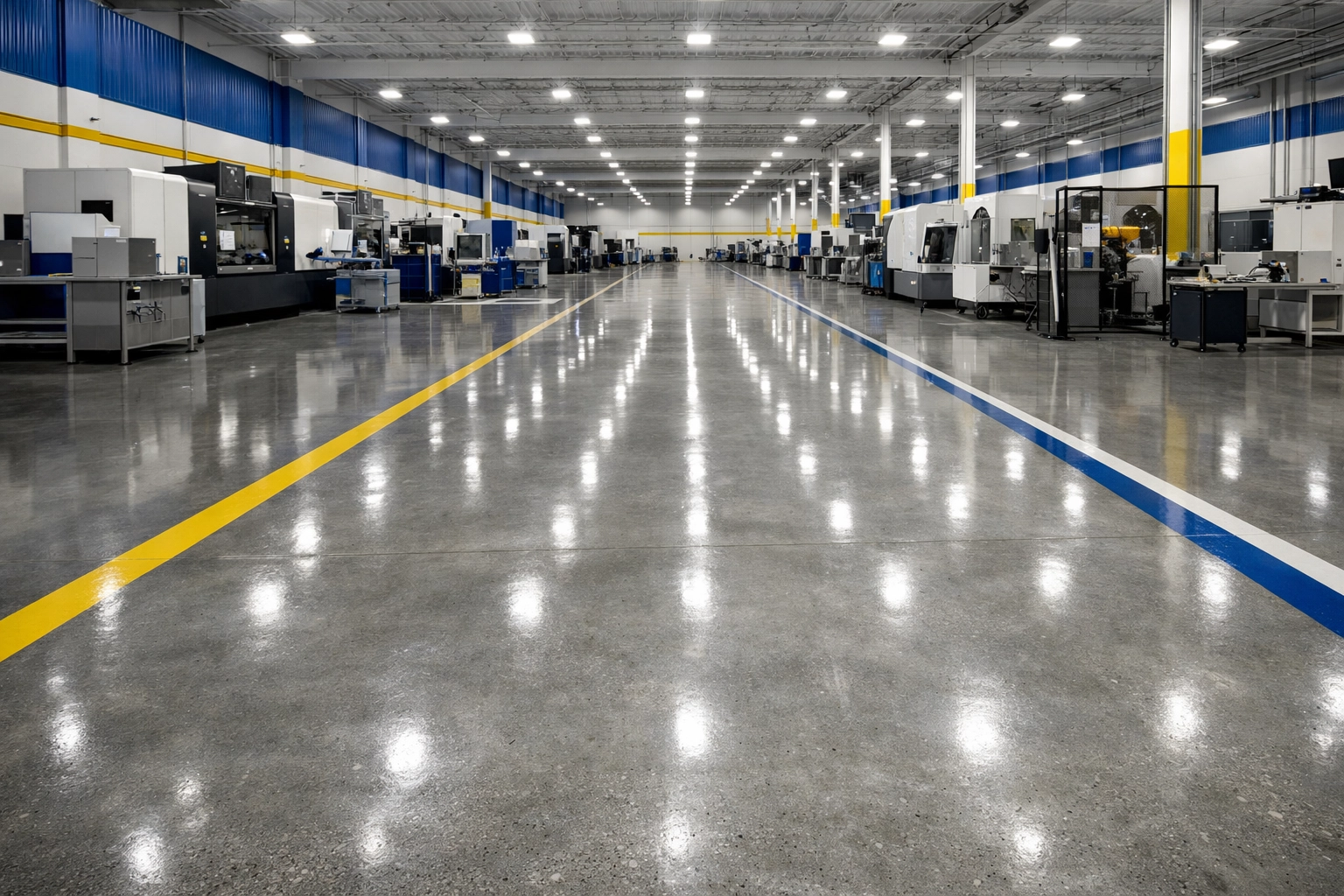 Polished warehouse floor showing professional industrial cleaning Worcester MA degreasing results in a Worcester manufacturing facility.