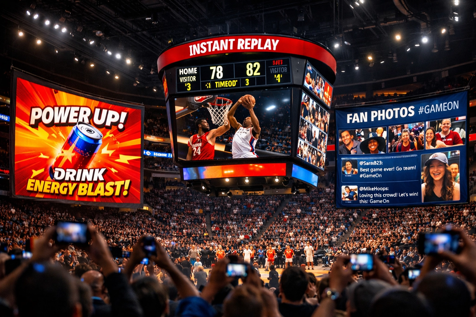 Basketball arena LED displays showing sponsor ads and fan content during game timeout