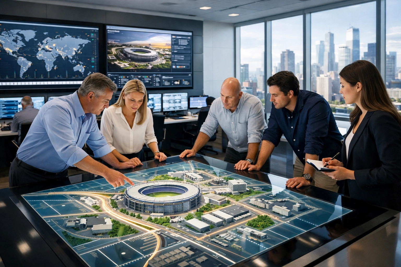 Professional logistics managers coordinating Super Bowl corporate travel strategies at a digital map.