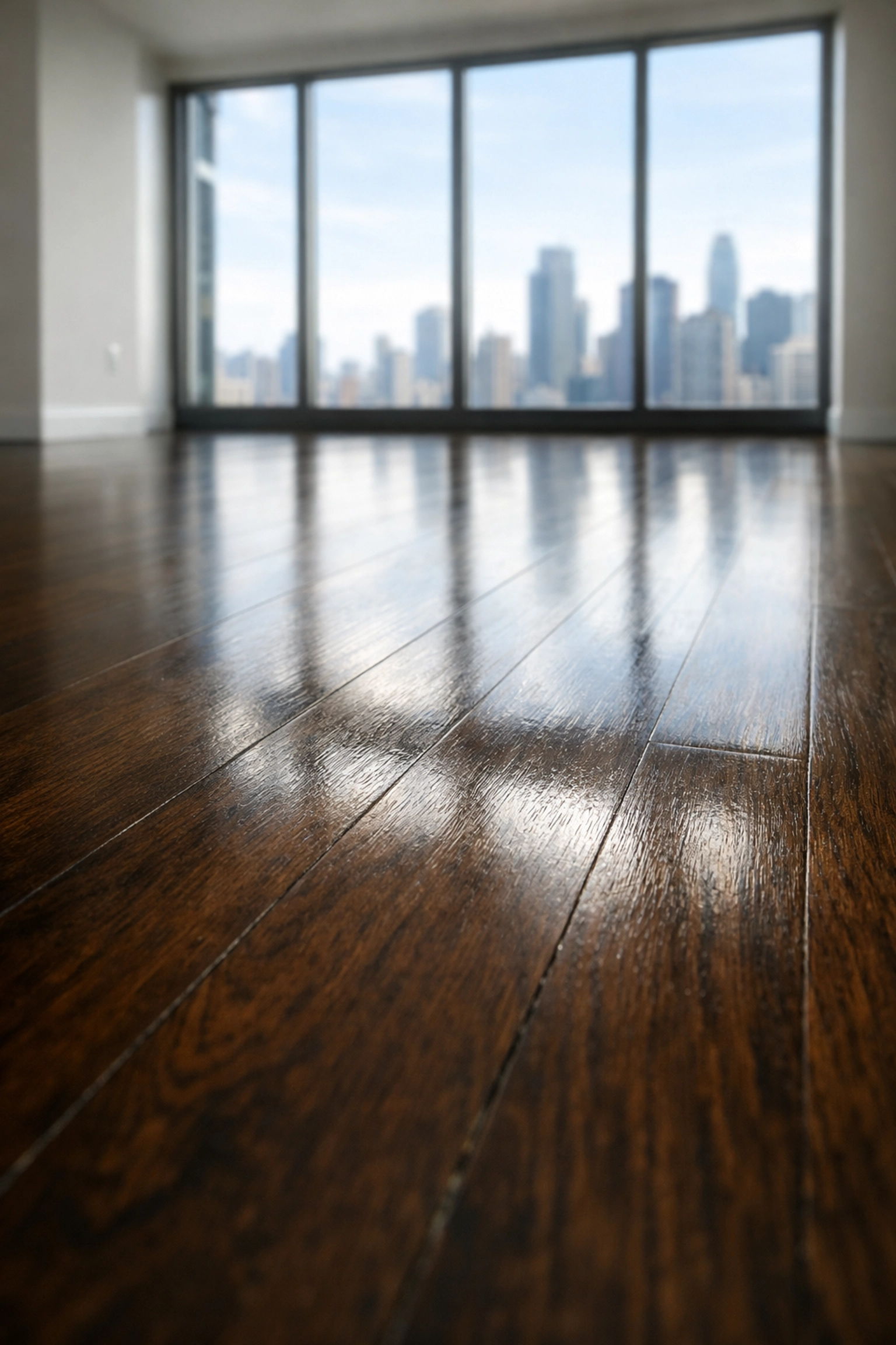 Gleaming polished hardwood floors in a vacant Chicago apartment after professional move-out cleaning.