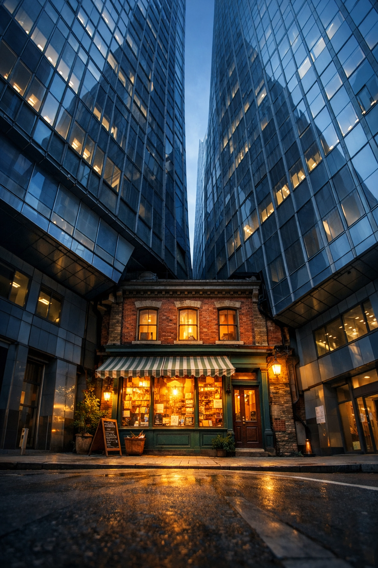 A small business storefront squeezed between corporate skyscrapers, showing the decline in local labor demand.