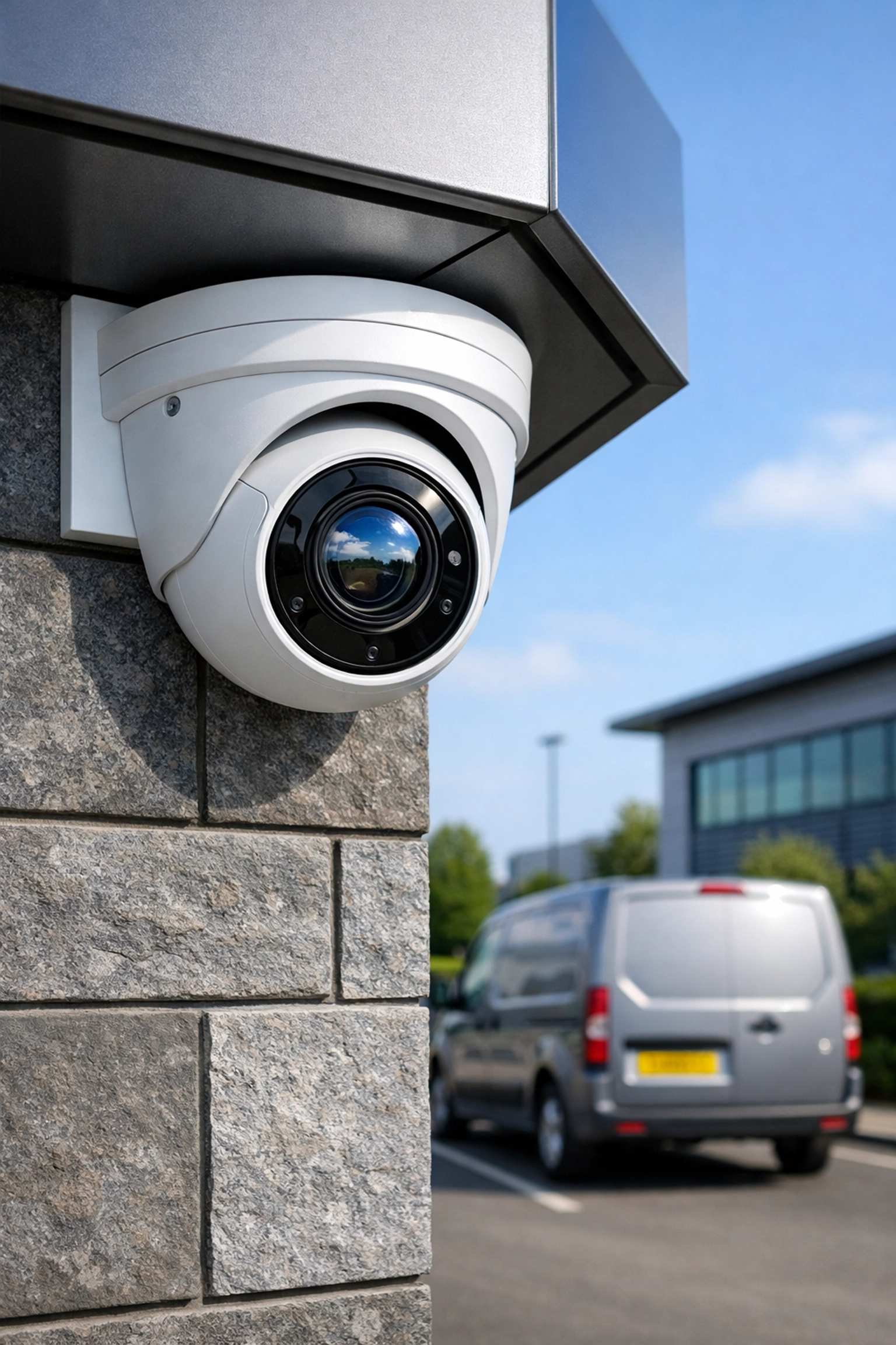High-definition turret security camera installed on a modern business premises in Melksham.