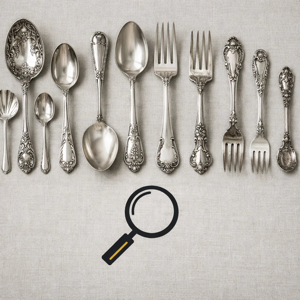 Antique sterling silver flatware laid out to sell sterling silver in Columbus Ohio through auction.