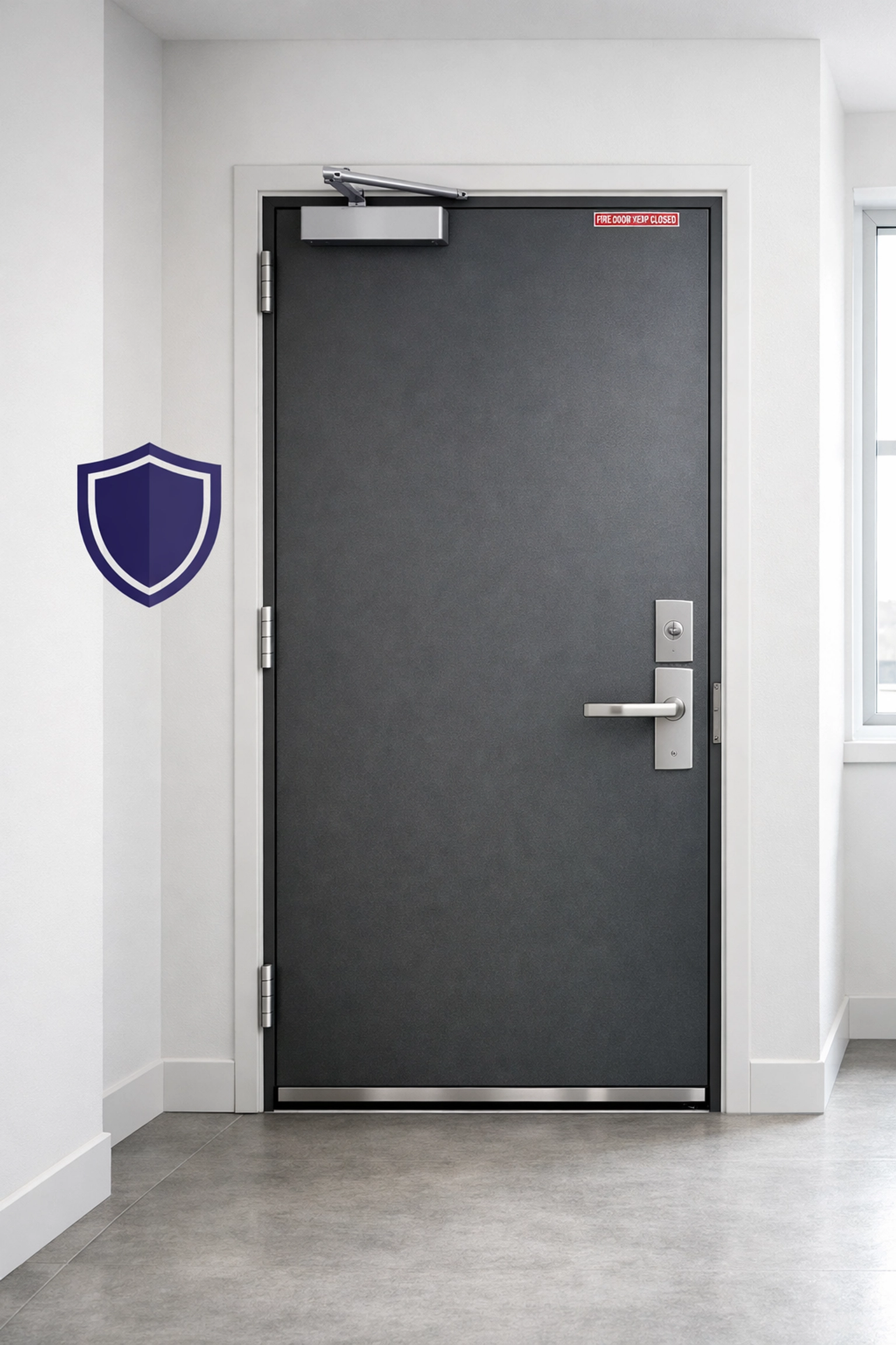High-quality fire door in an apartment corridor with a safety shield compliance icon.