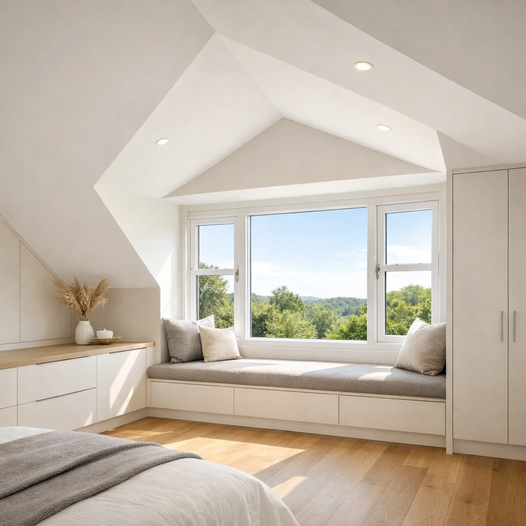 Completed loft conversion in a Surrey home featuring a large dormer window and expert structural design.